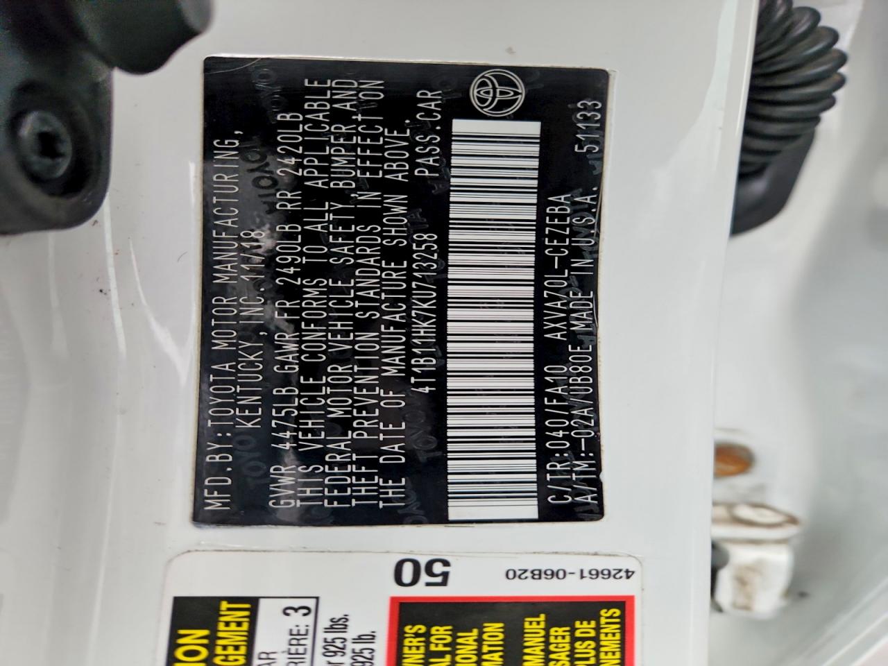 2019 TOYOTA CAMRY L photo 37