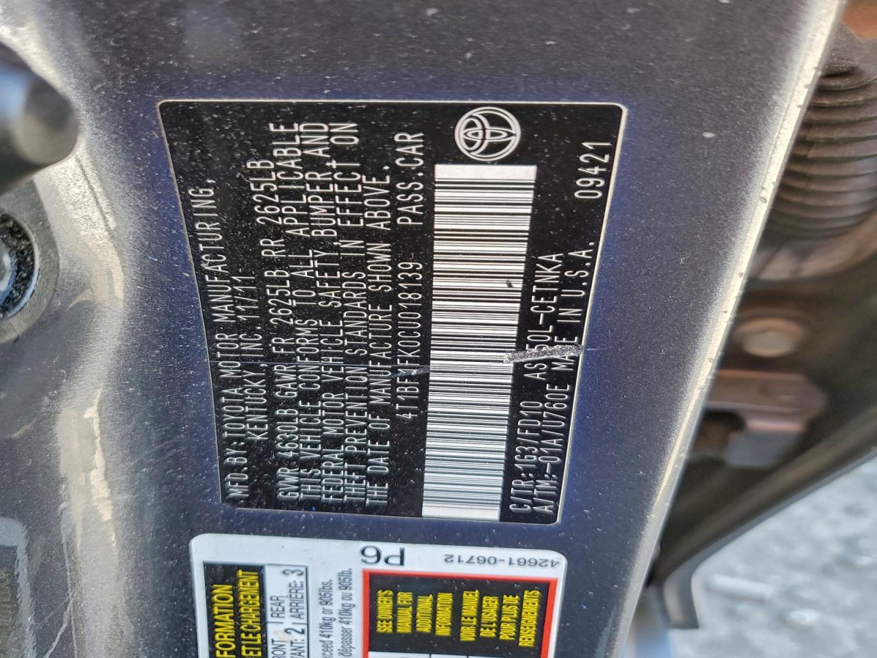 2012 TOYOTA CAMRY BASE photo 23