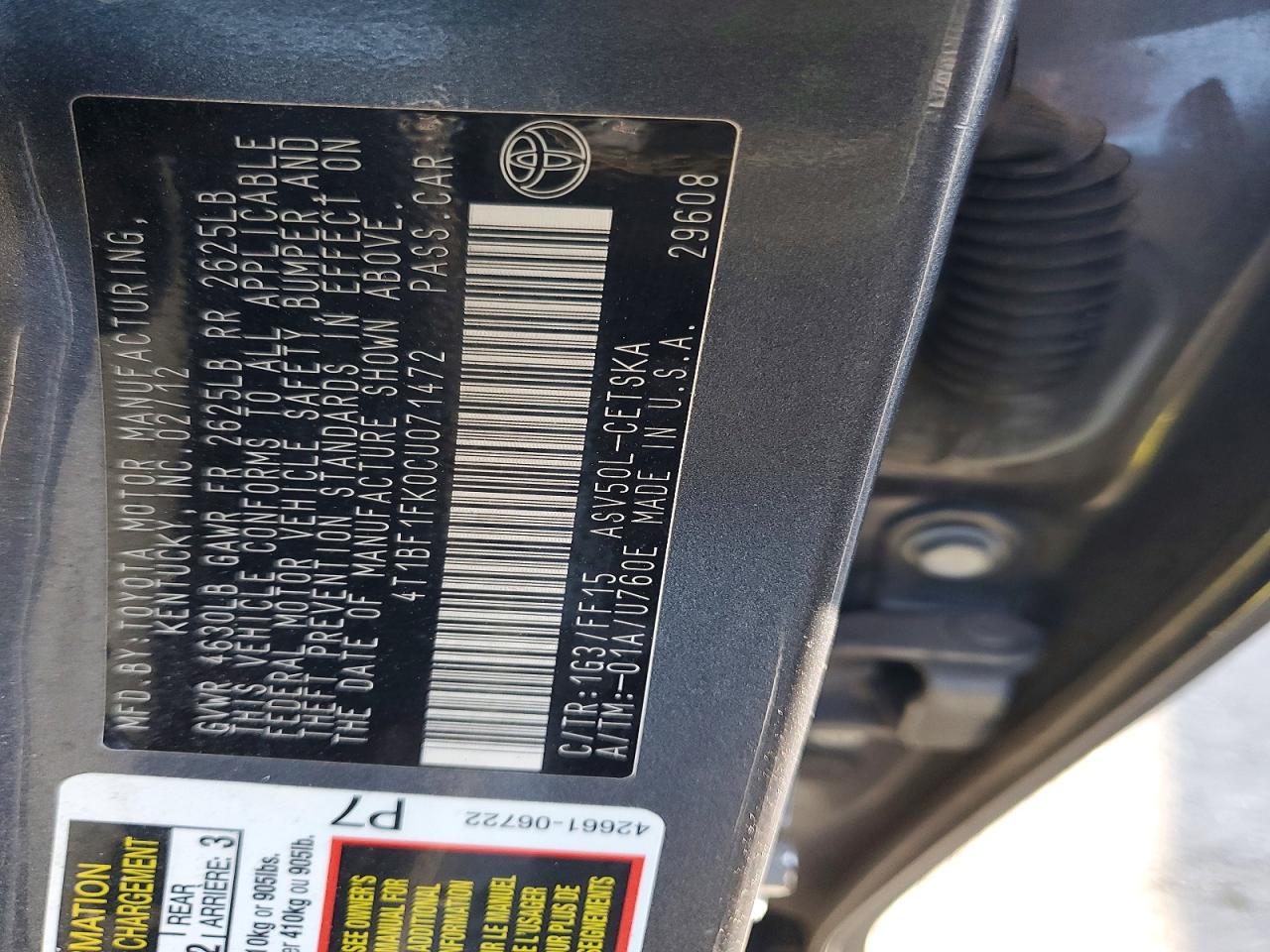 2012 TOYOTA CAMRY BASE photo 23