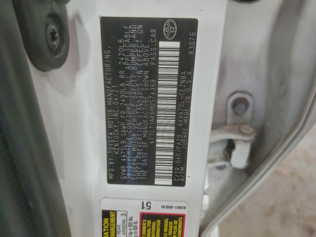 2021 TOYOTA CAMRY LE photo 12