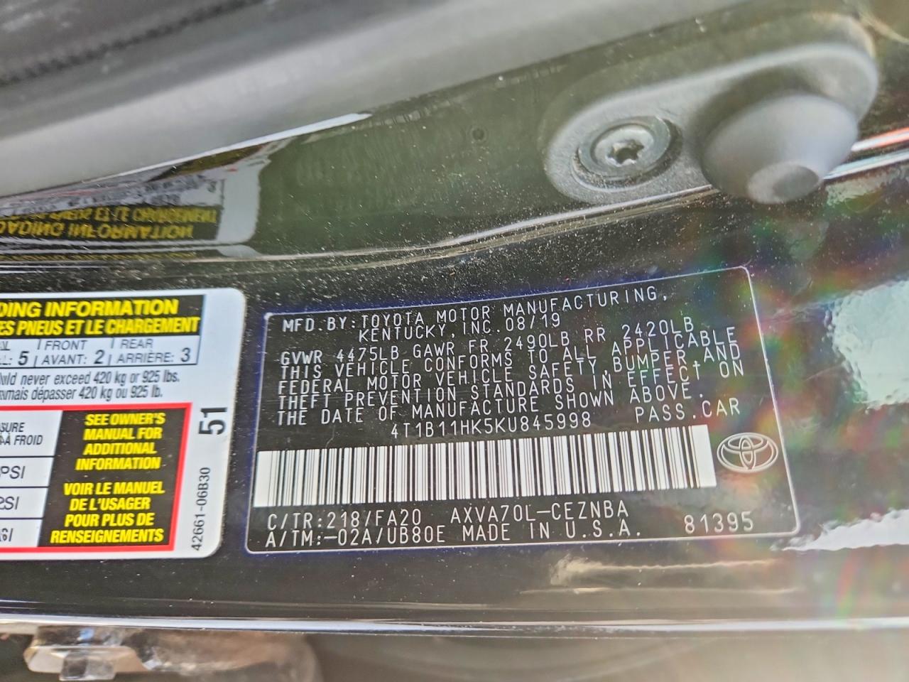 2019 TOYOTA CAMRY L photo 12