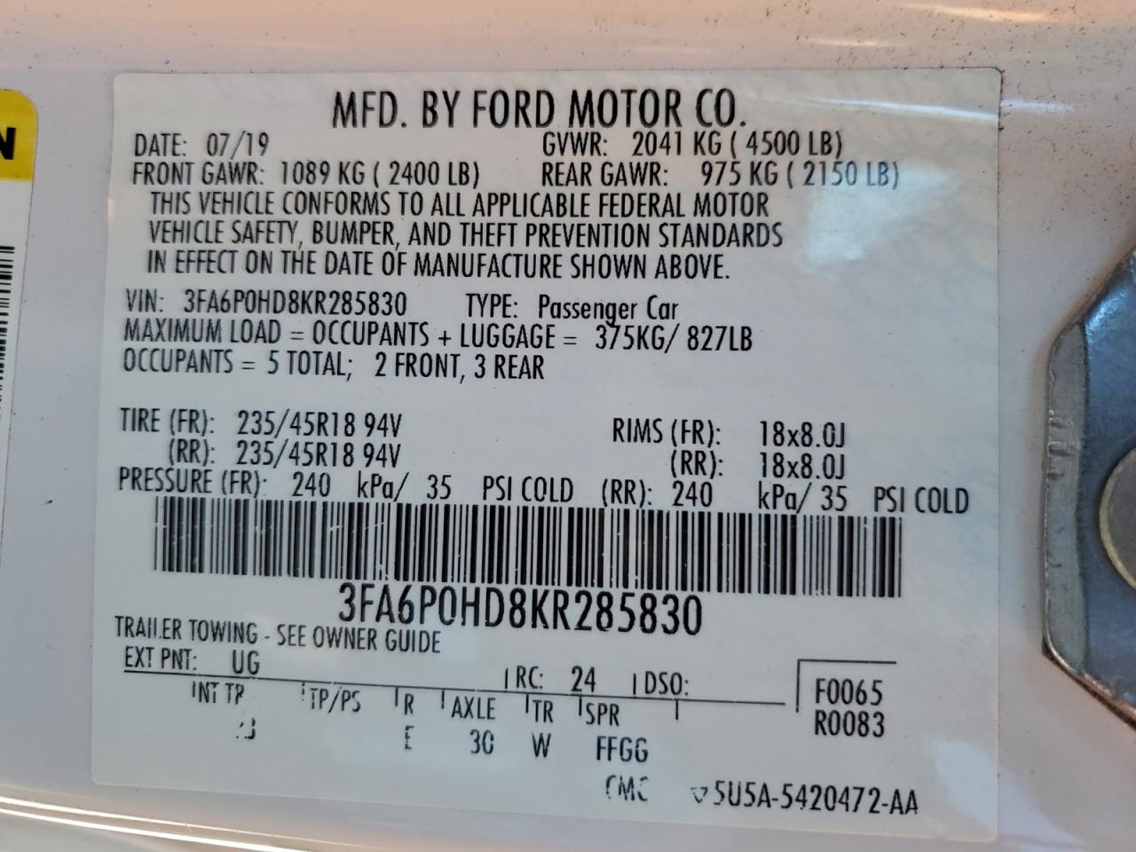 2019 FORD FUSION SE photo 12