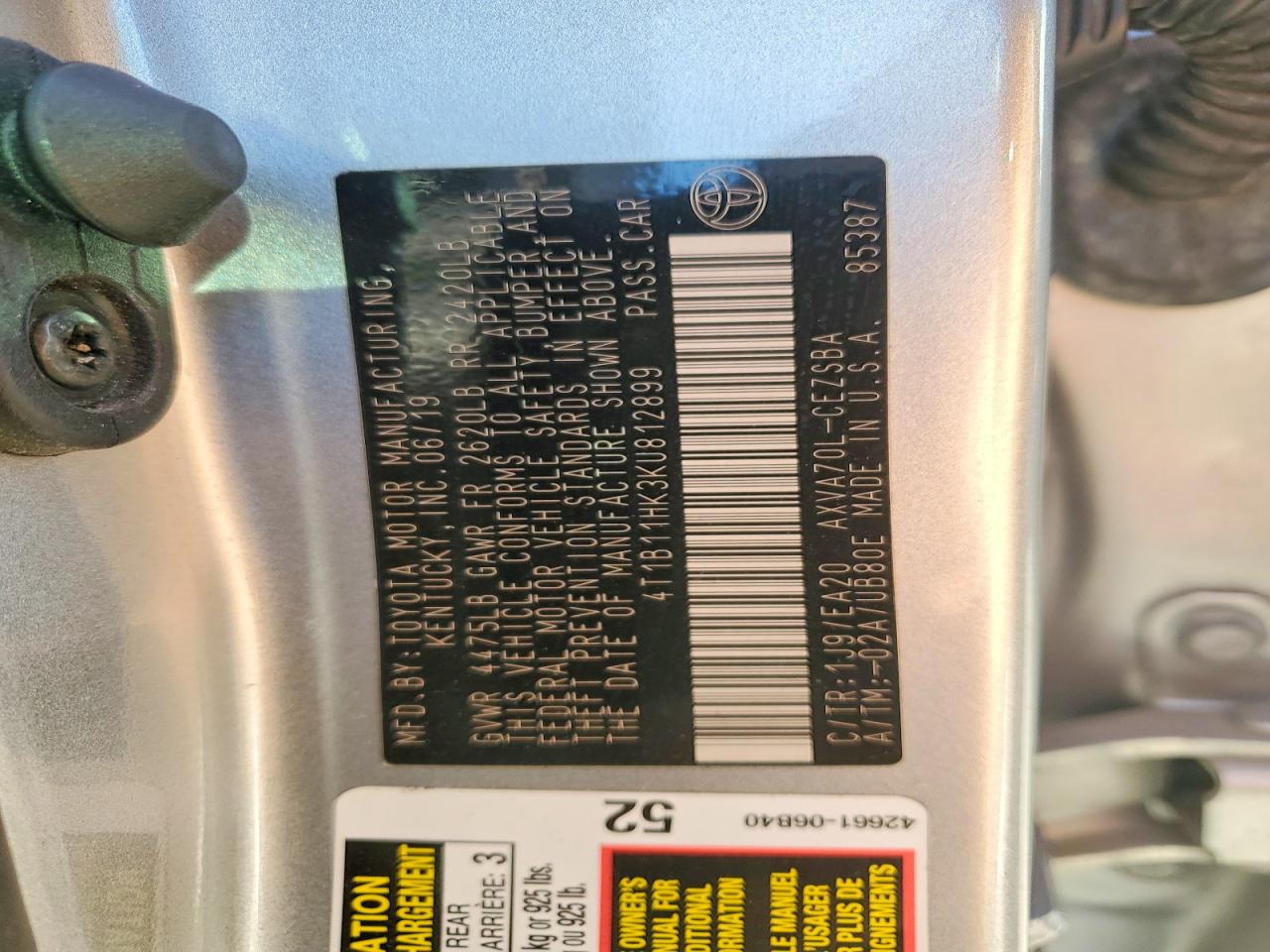 2019 TOYOTA CAMRY L photo 12