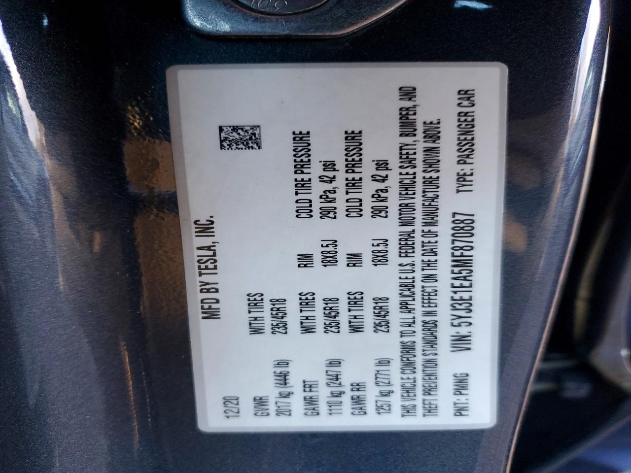 2021 TESLA MODEL 3 photo 12