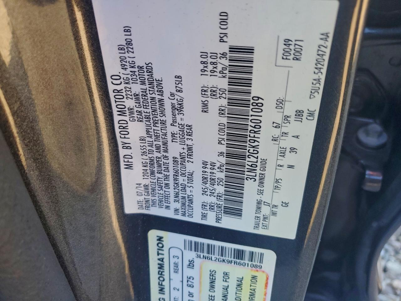 2015 LINCOLN MKZ photo 12