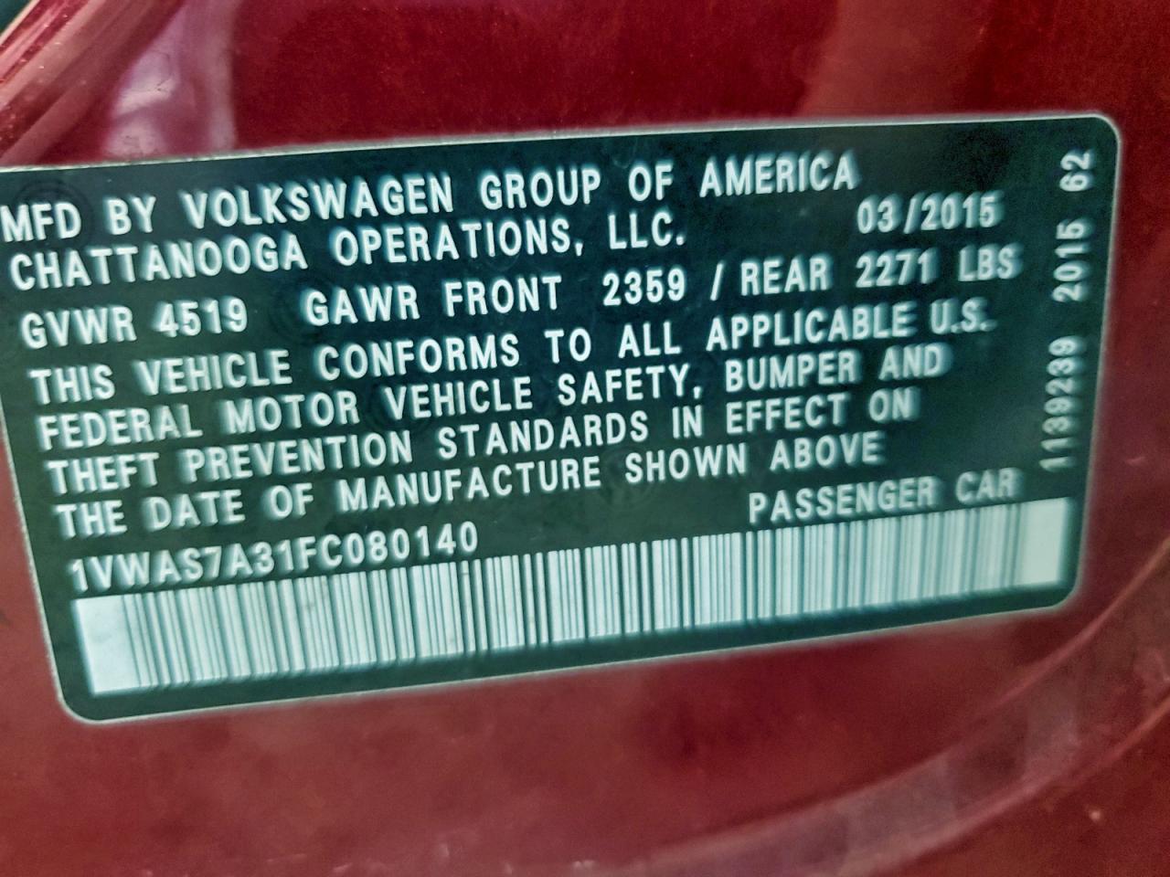 2015 VOLKSWAGEN PASSAT S photo 12