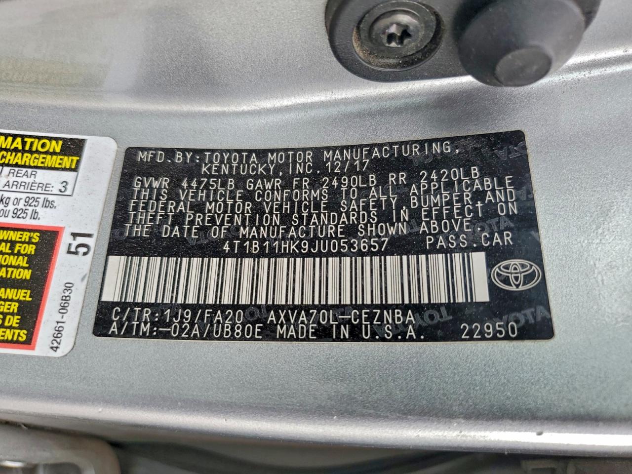 2018 TOYOTA CAMRY L photo 13