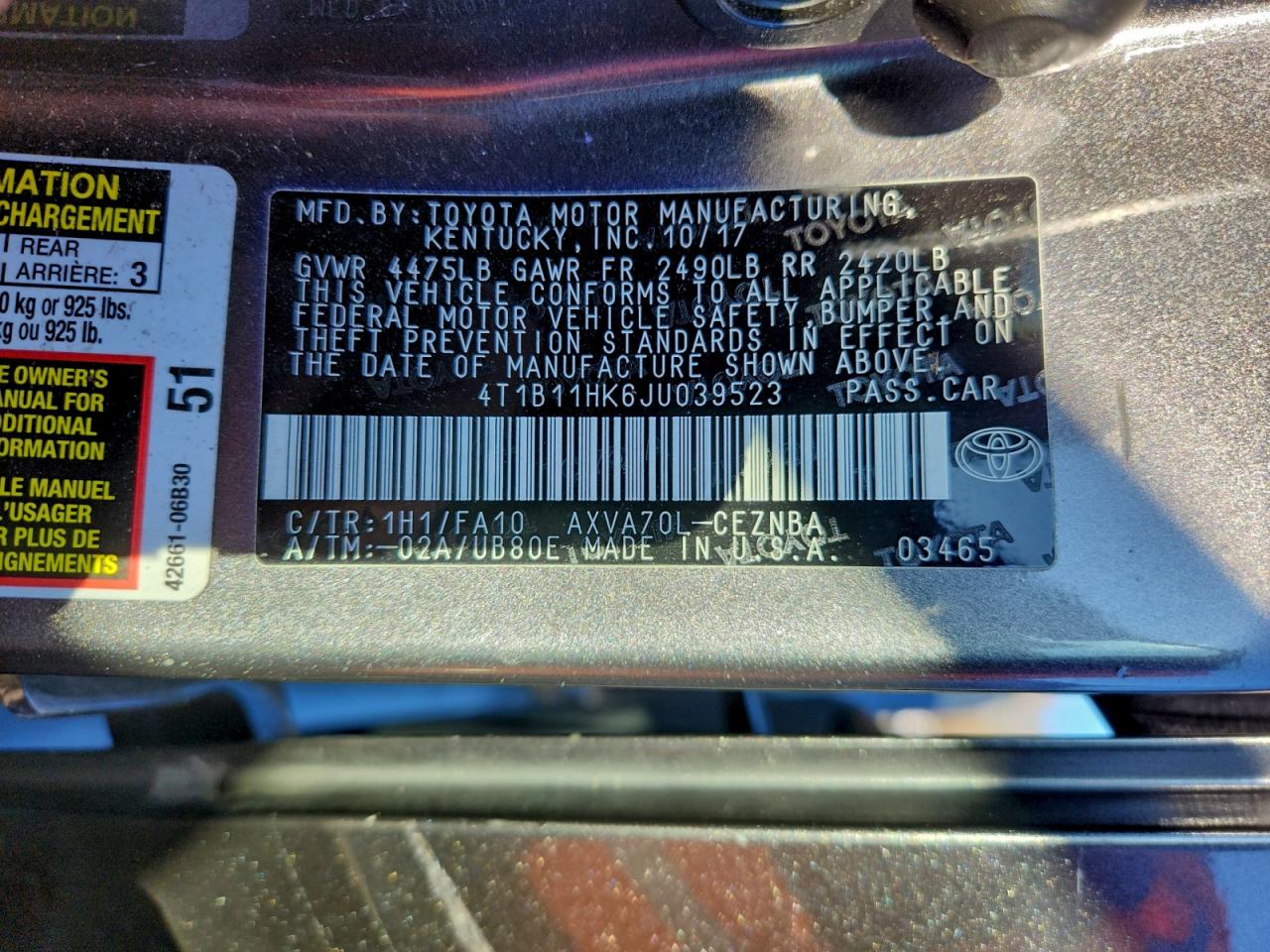 2018 TOYOTA CAMRY L photo 12