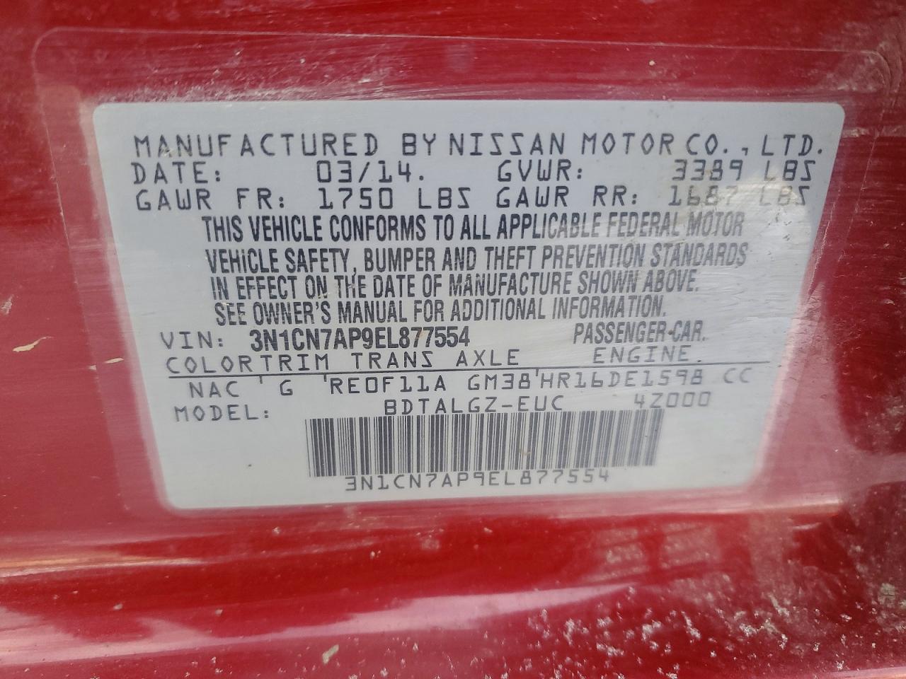 2014 NISSAN VERSA S photo 12