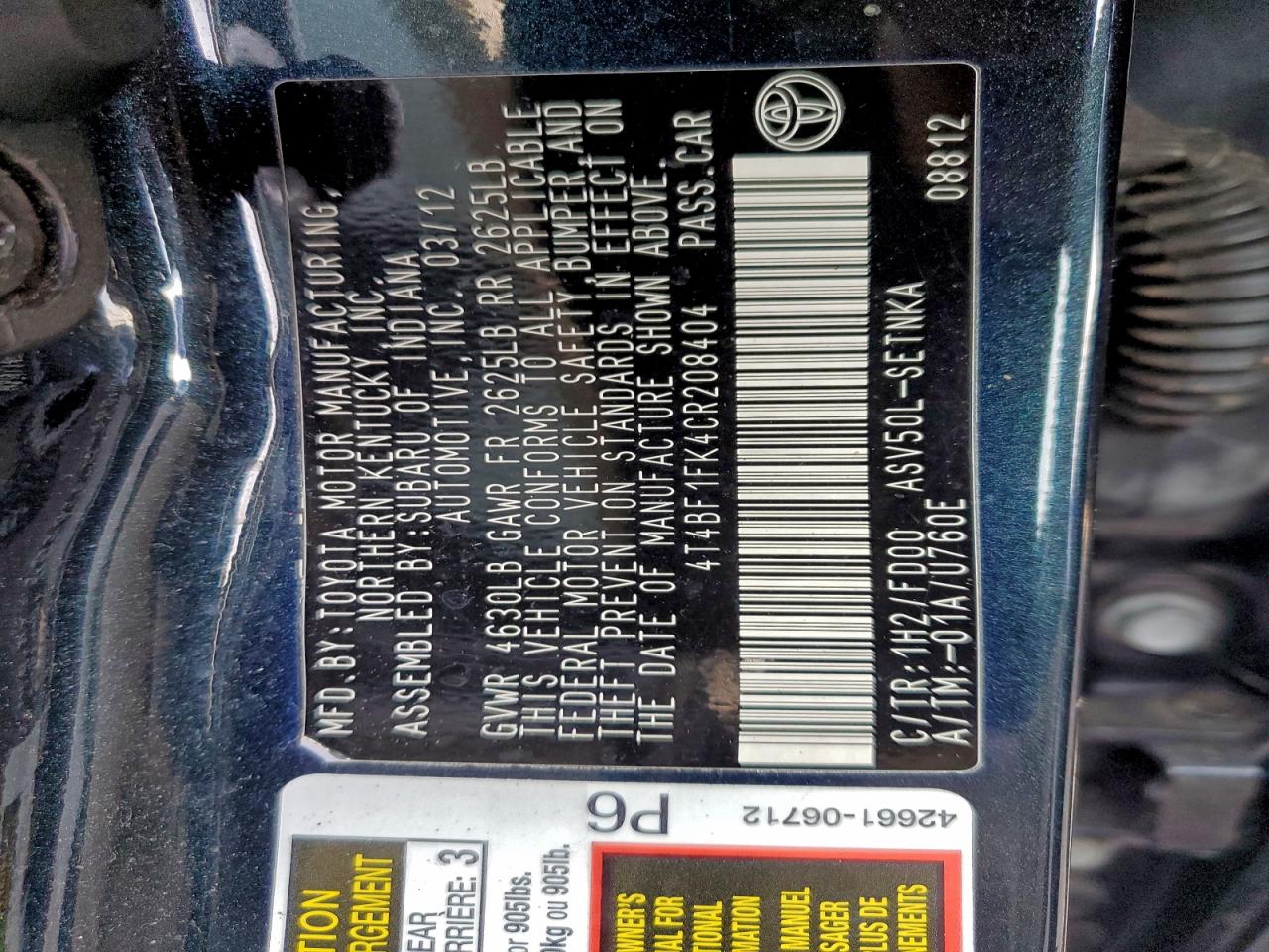 2012 TOYOTA CAMRY BASE photo 12