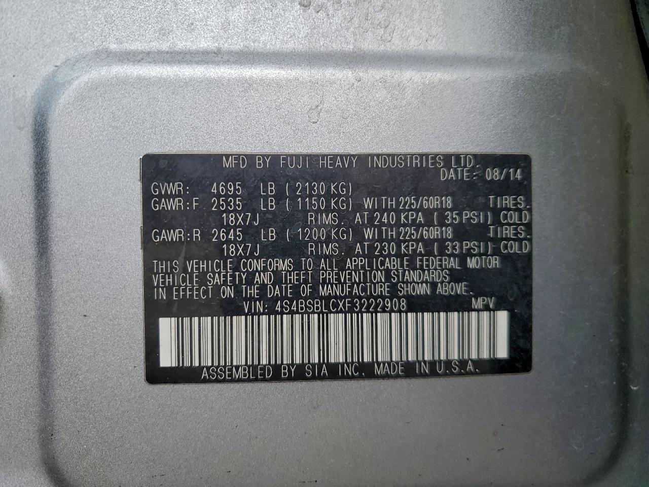 2015 SUBARU OUTBACK 2.5I LIMITED photo 13