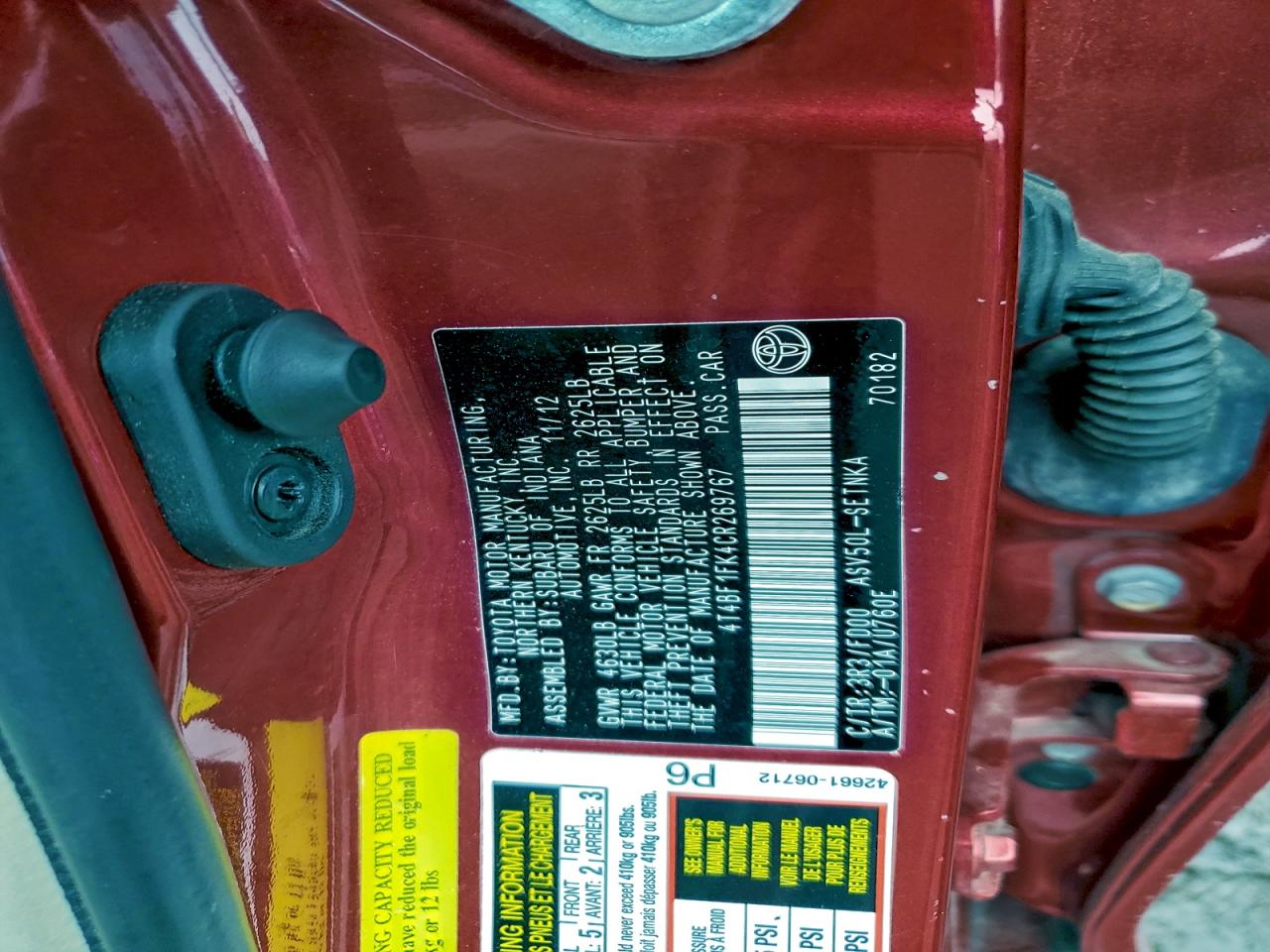 2012 TOYOTA CAMRY BASE photo 12
