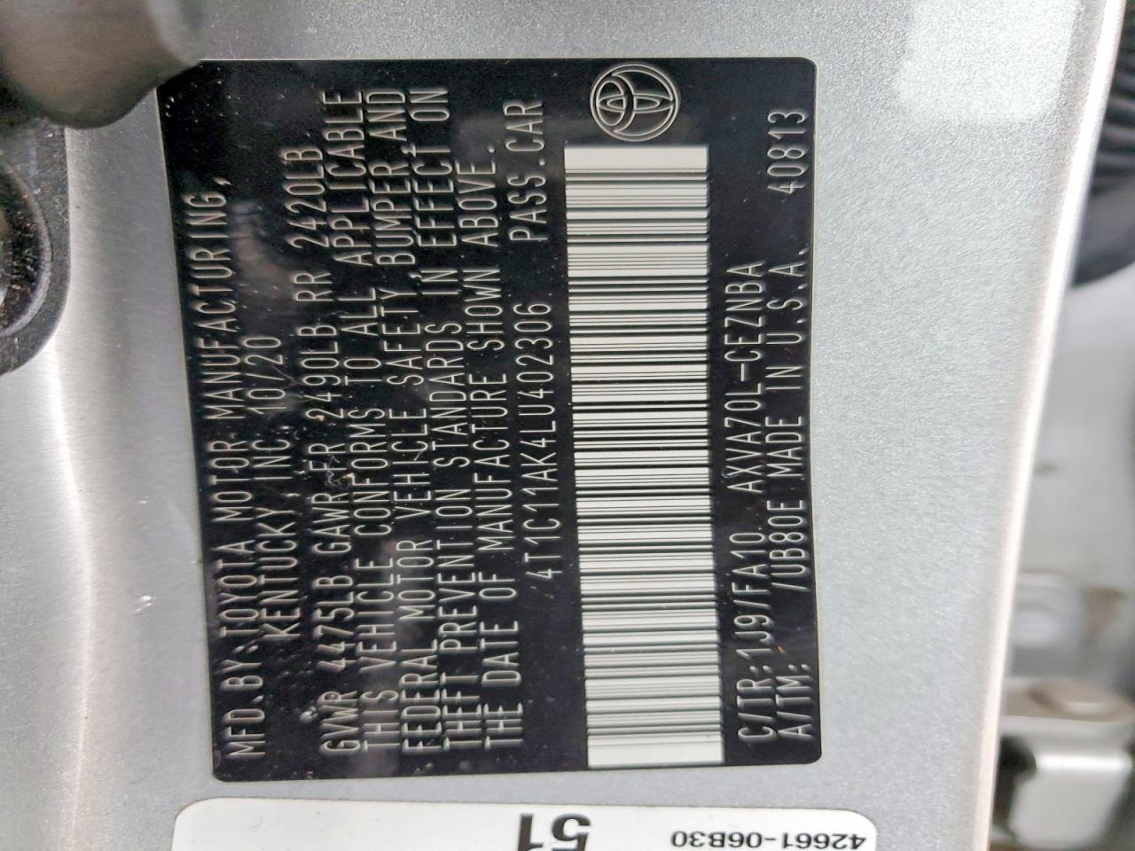 2020 TOYOTA CAMRY LE photo 12