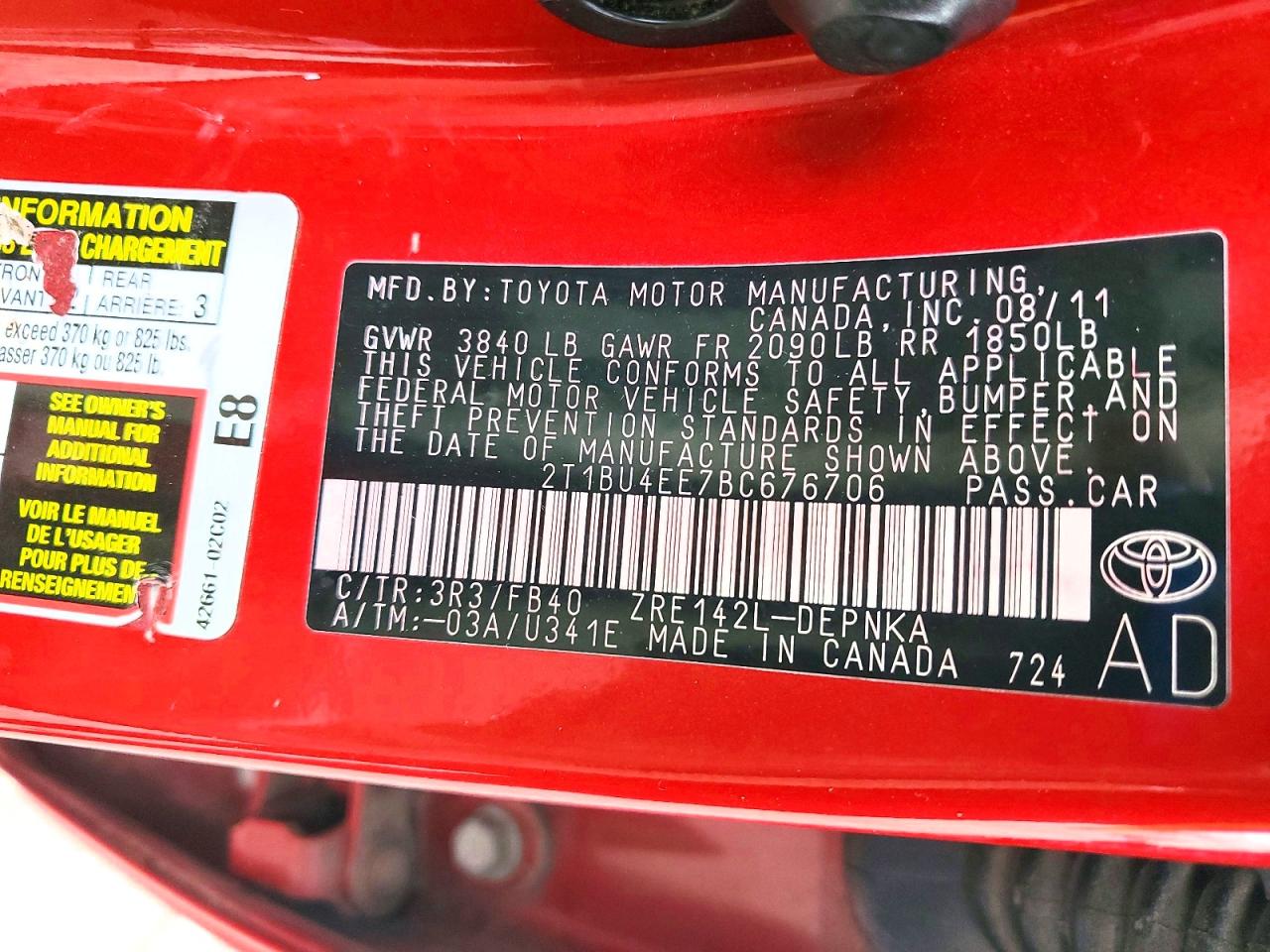 2011 TOYOTA COROLLA BASE photo 12