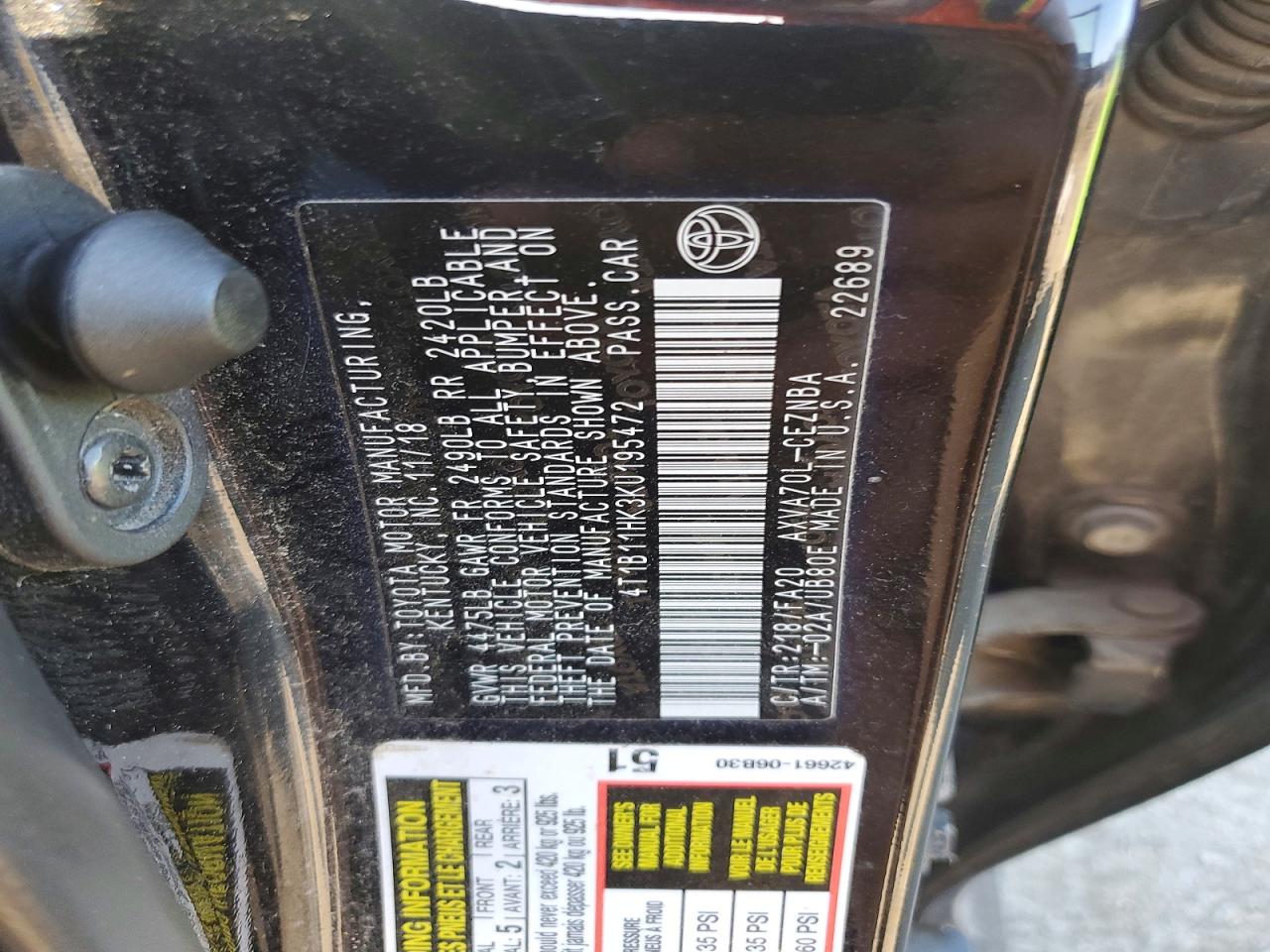 2019 TOYOTA CAMRY L photo 12