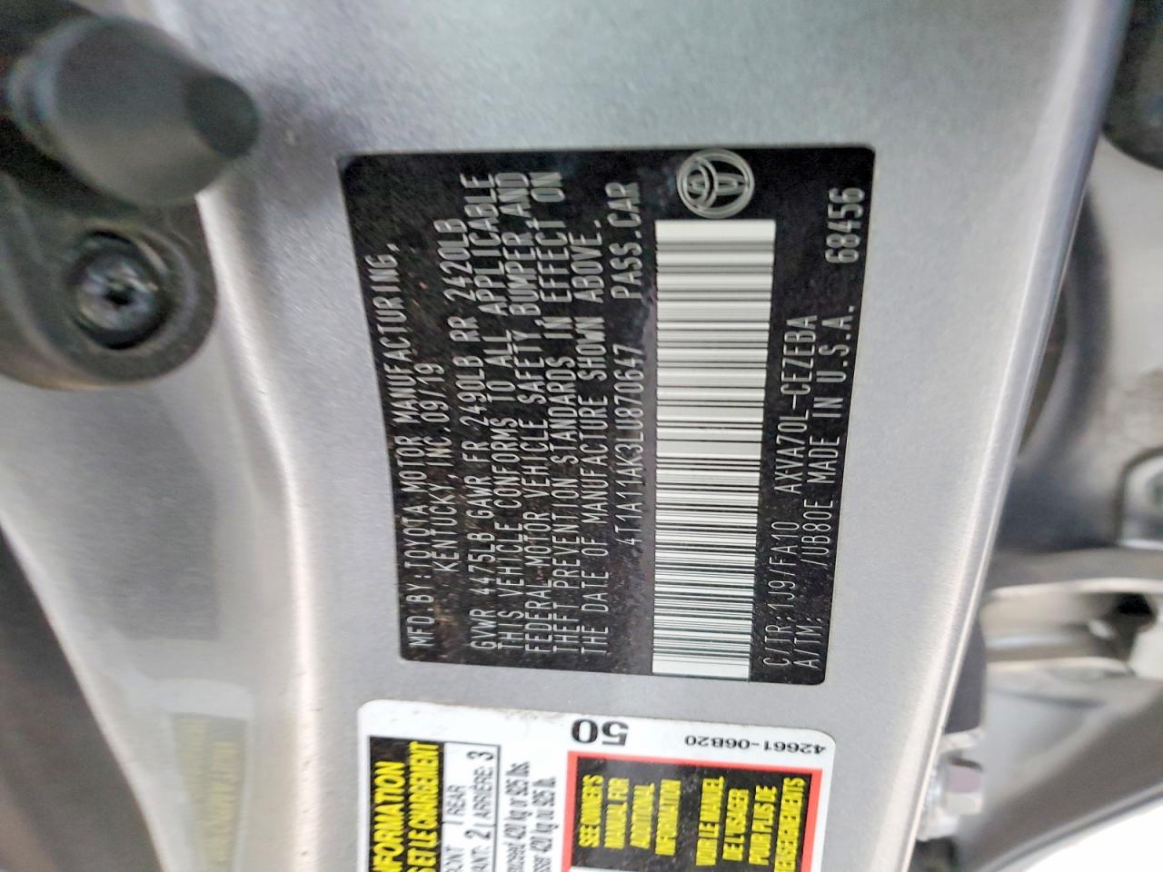 2020 TOYOTA CAMRY L photo 12