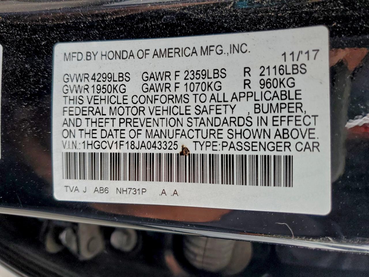 2018 HONDA ACCORD LX photo 12