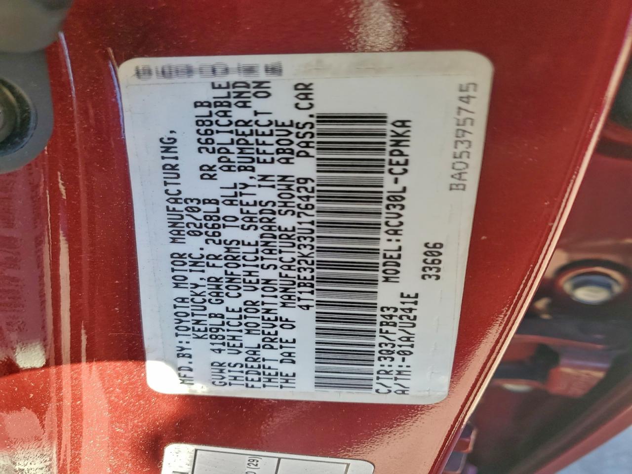 2003 TOYOTA CAMRY LE photo 12