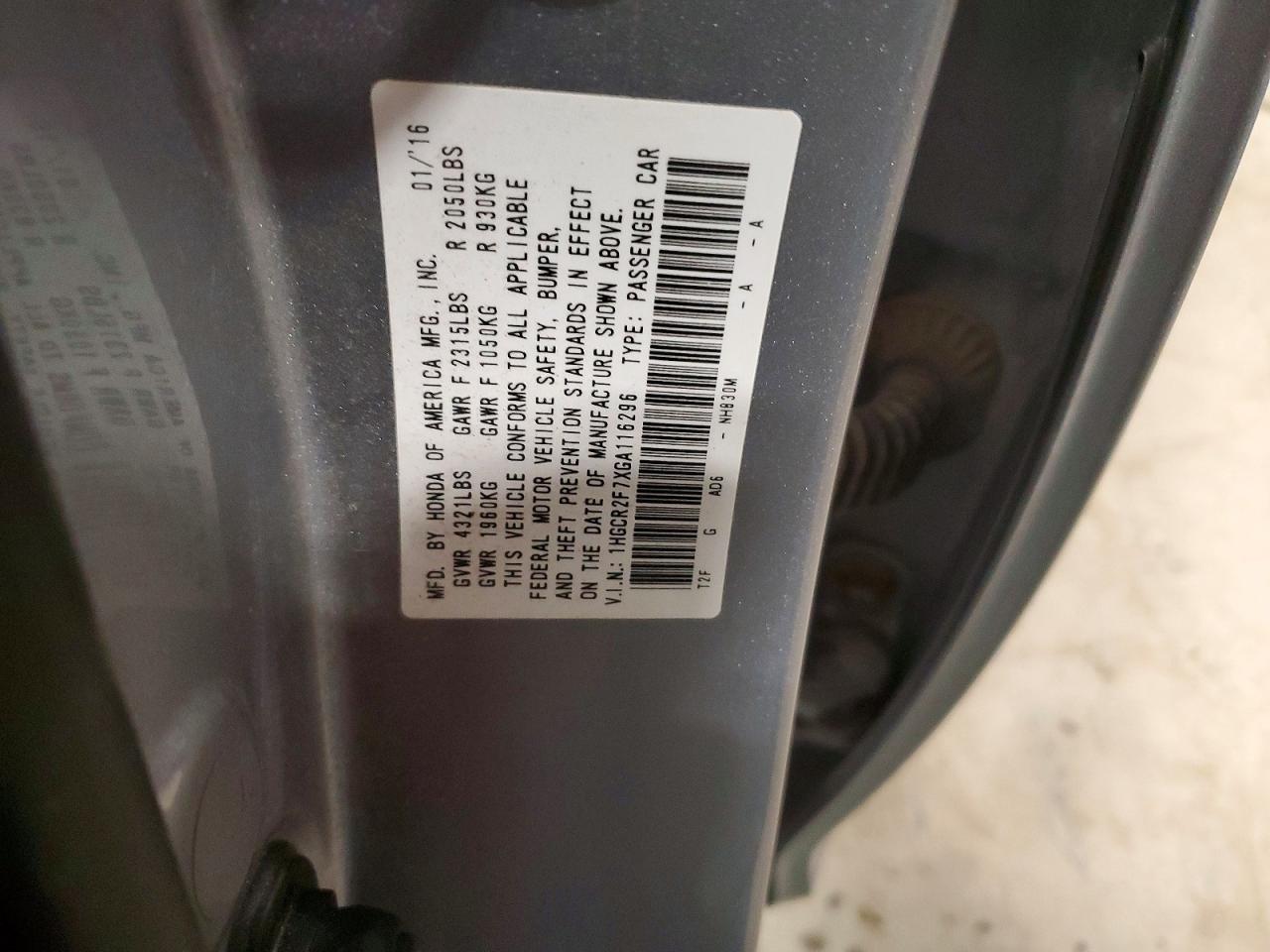 2016 HONDA ACCORD EX photo 12