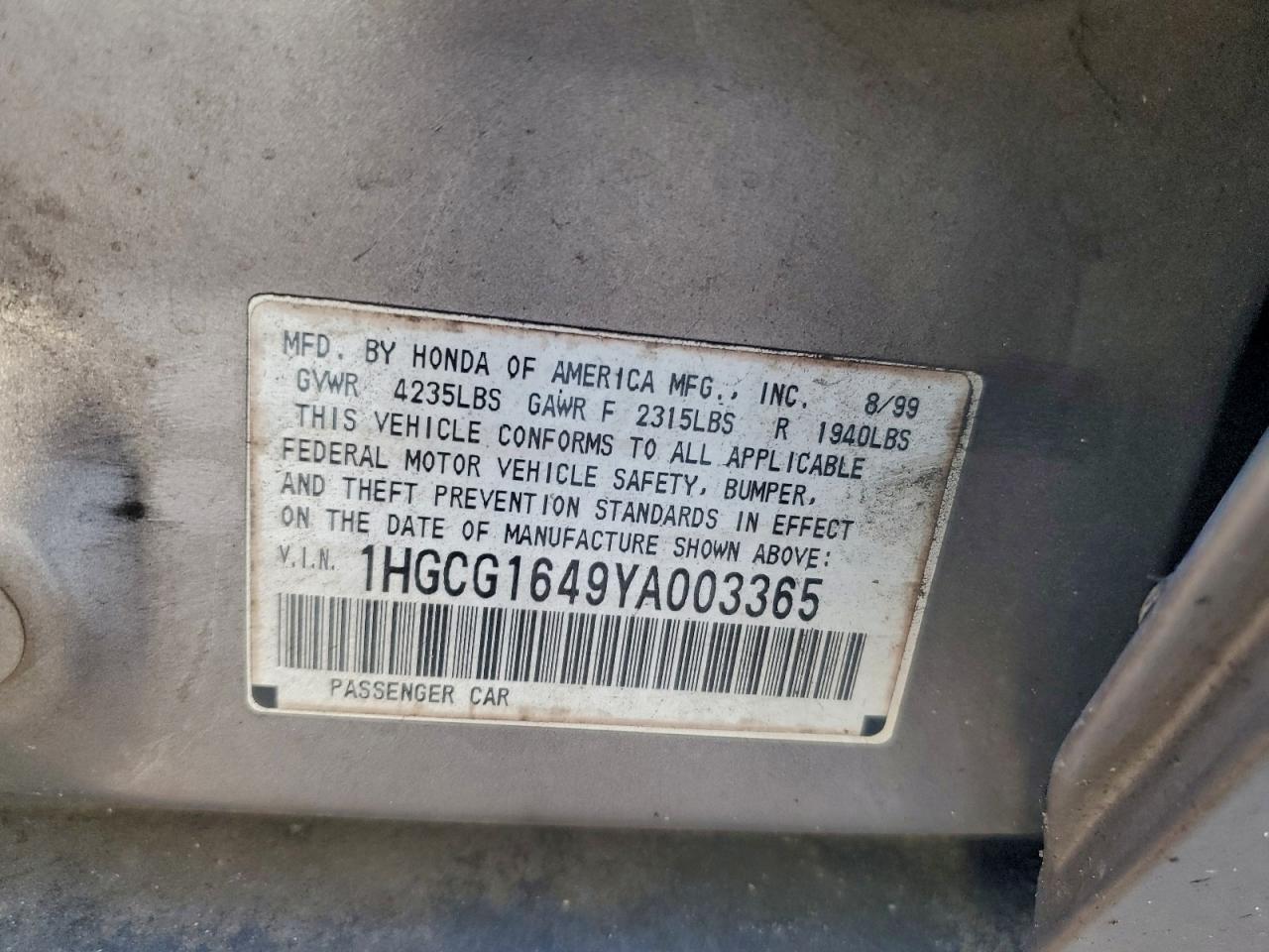 2000 HONDA ACCORD LX photo 12