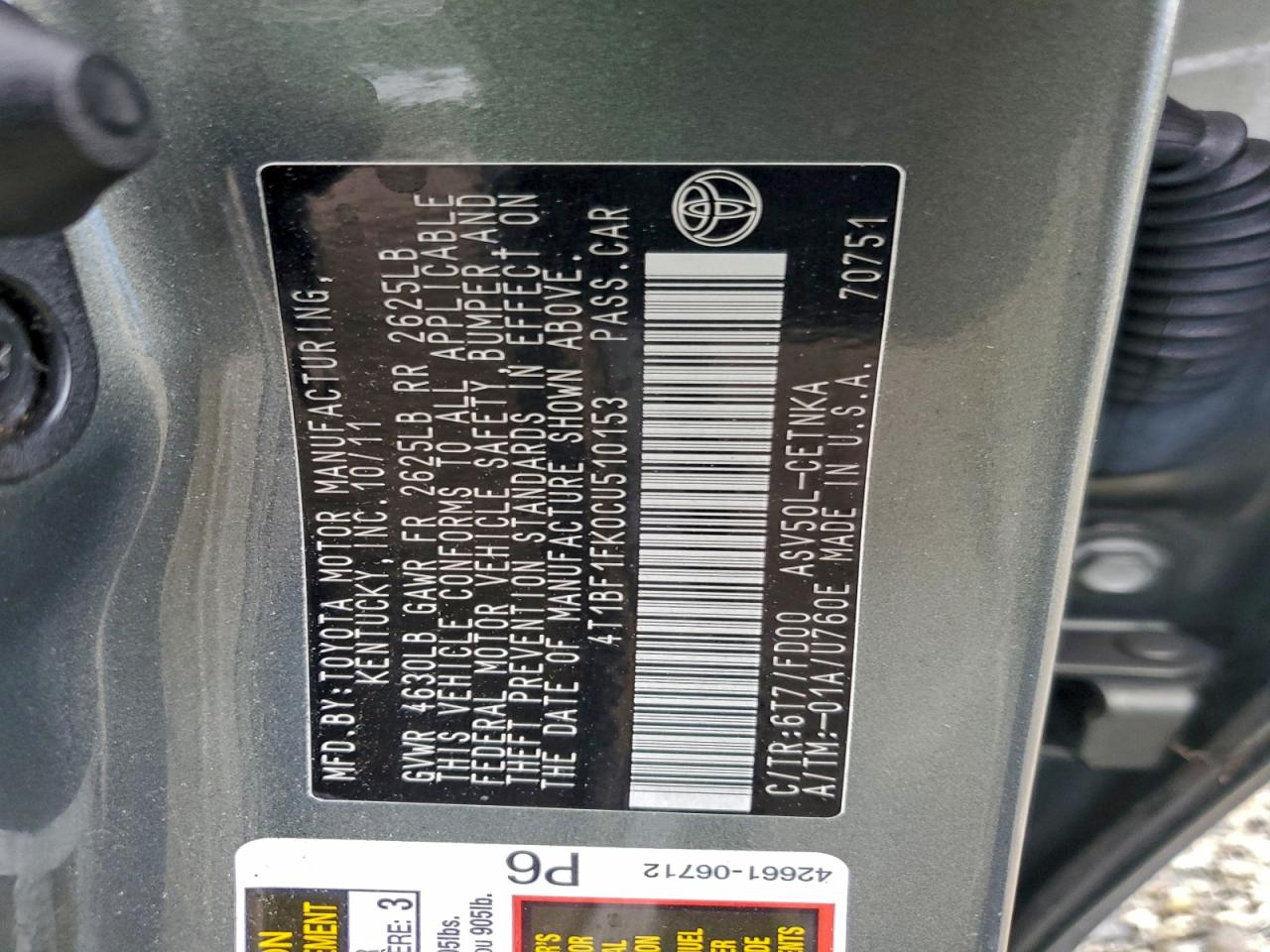 2012 TOYOTA CAMRY BASE photo 12