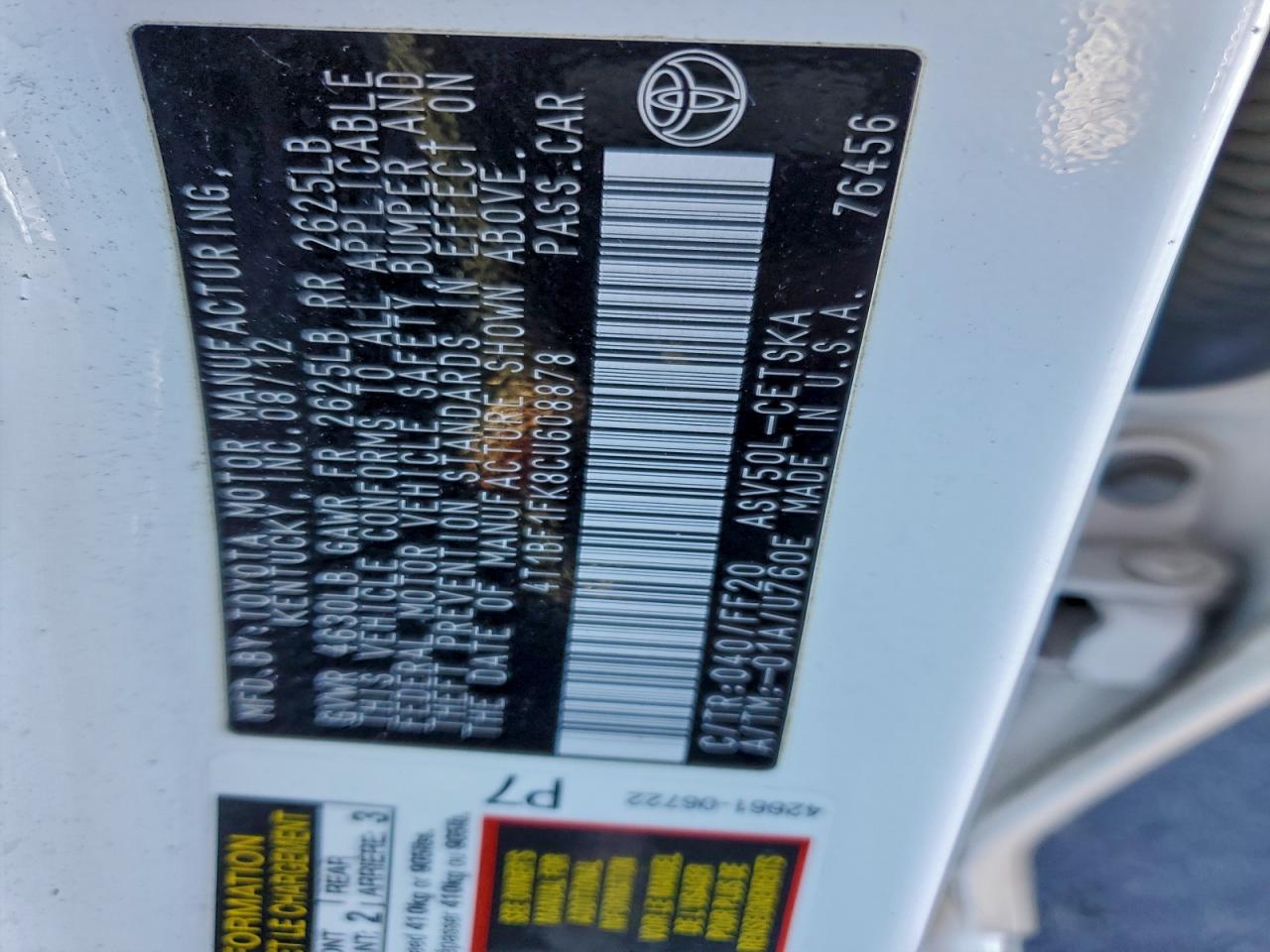 2012 TOYOTA CAMRY BASE photo 12