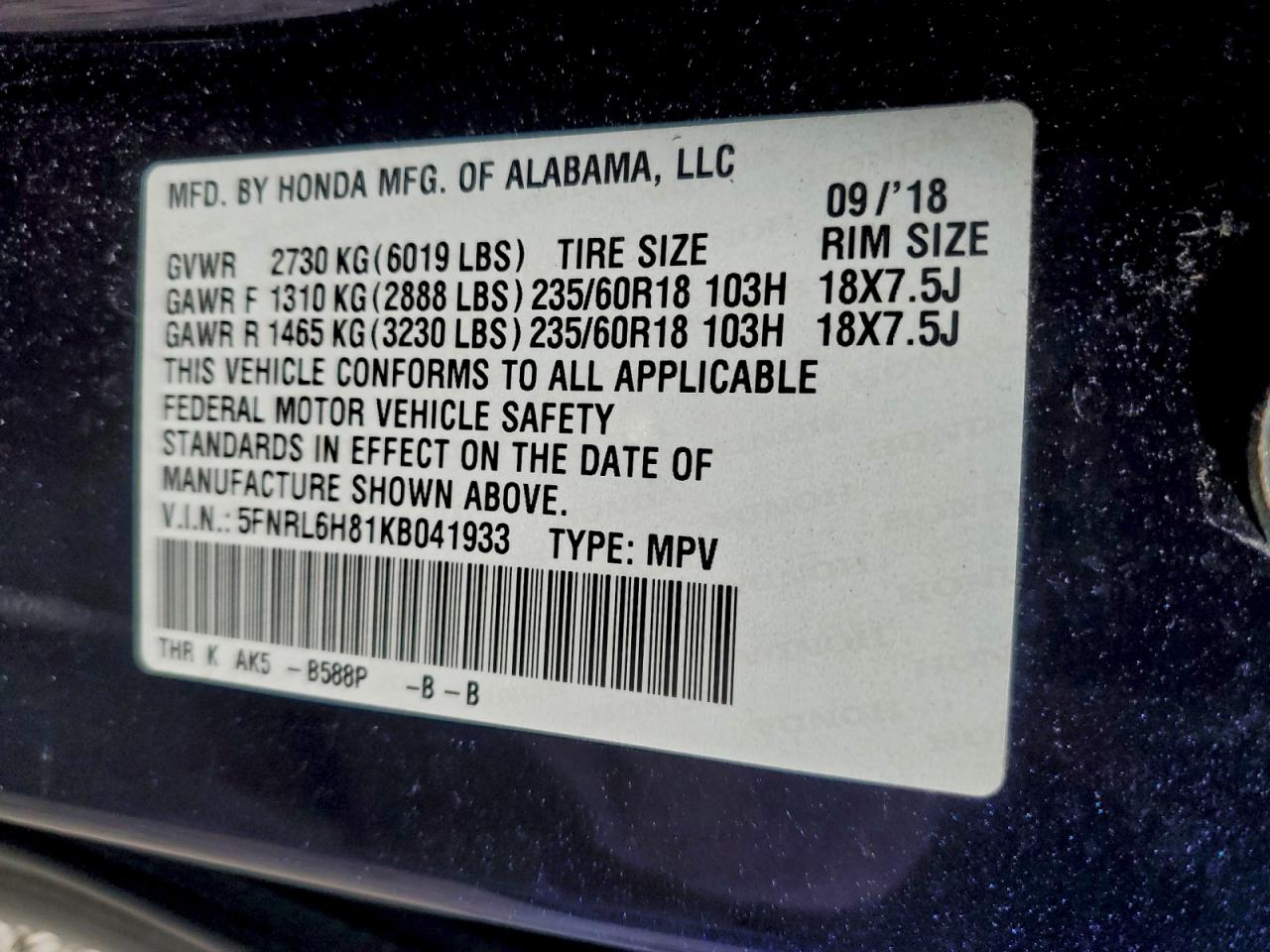 2019 HONDA ODYSSEY TOURING photo 14
