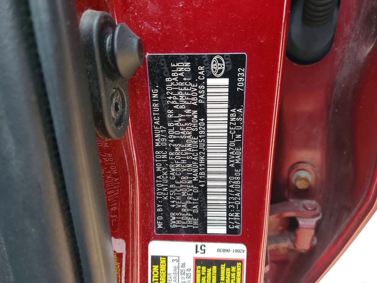 2018 TOYOTA CAMRY L photo 12