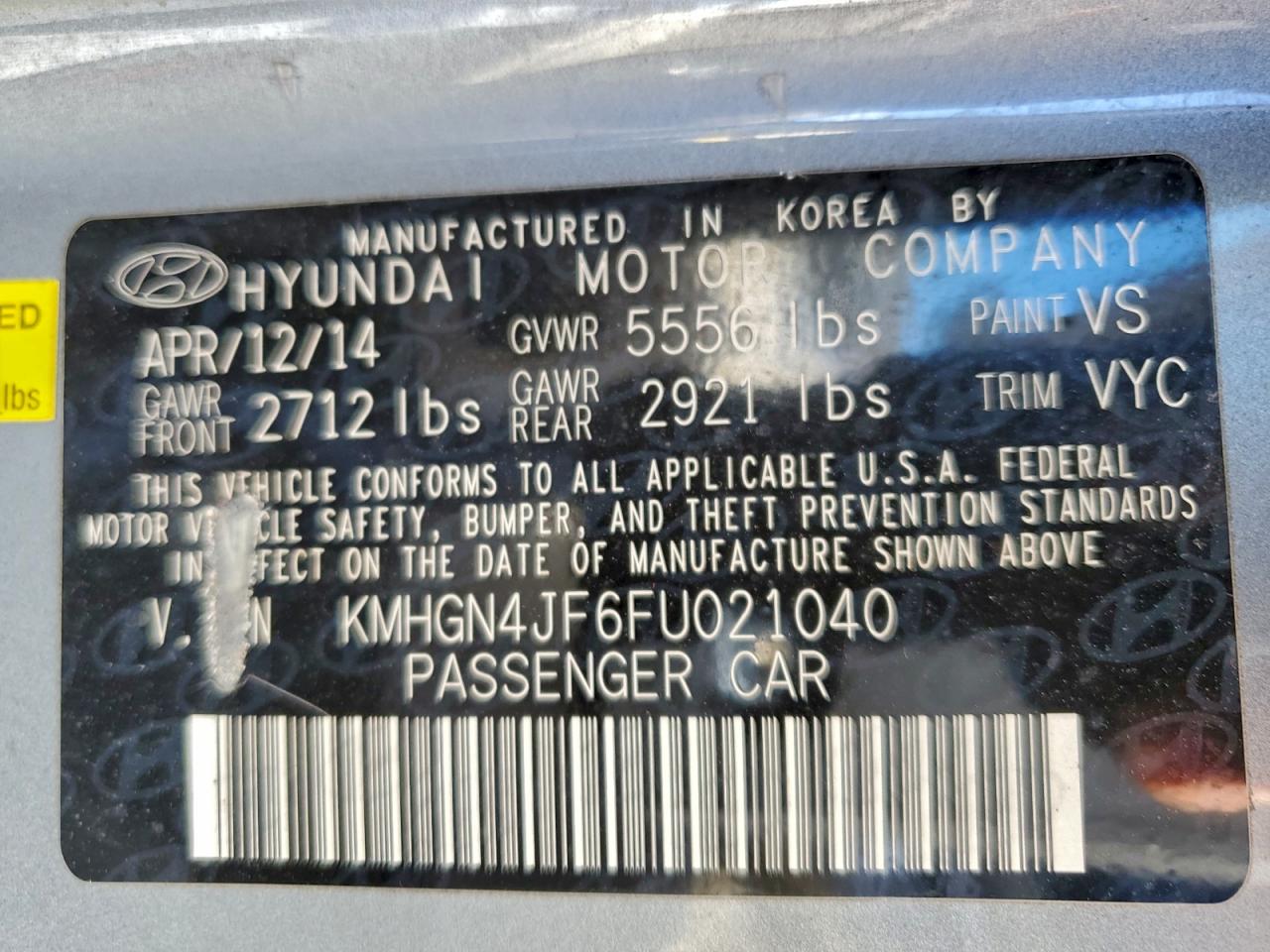 2015 HYUNDAI GENESIS 5.0L photo 12