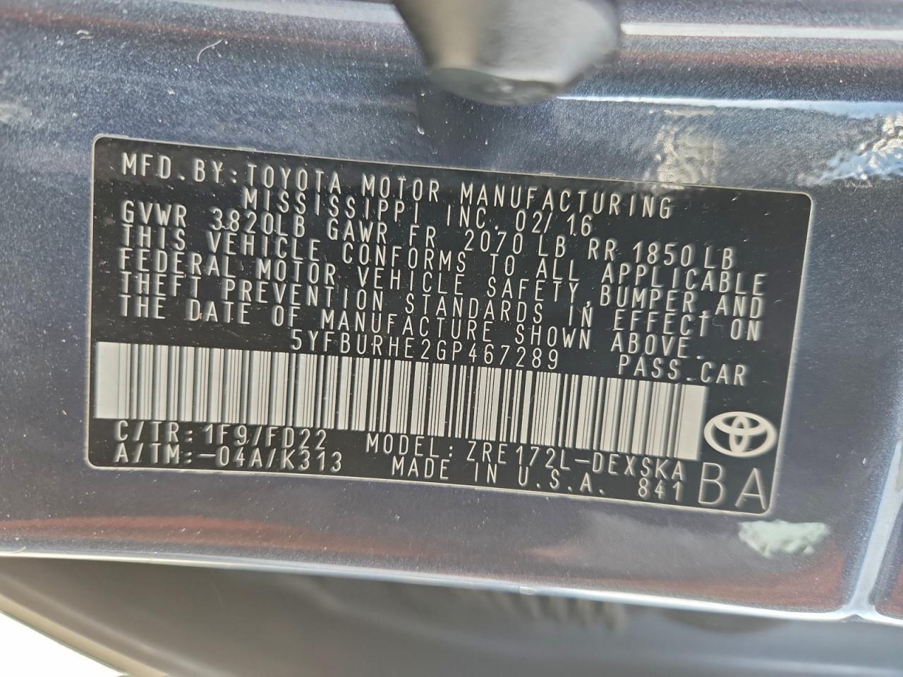 2016 TOYOTA COROLLA L photo 12