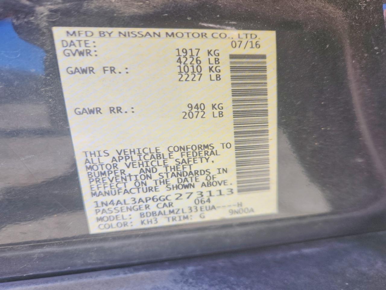 2016 NISSAN ALTIMA 2.5 photo 12