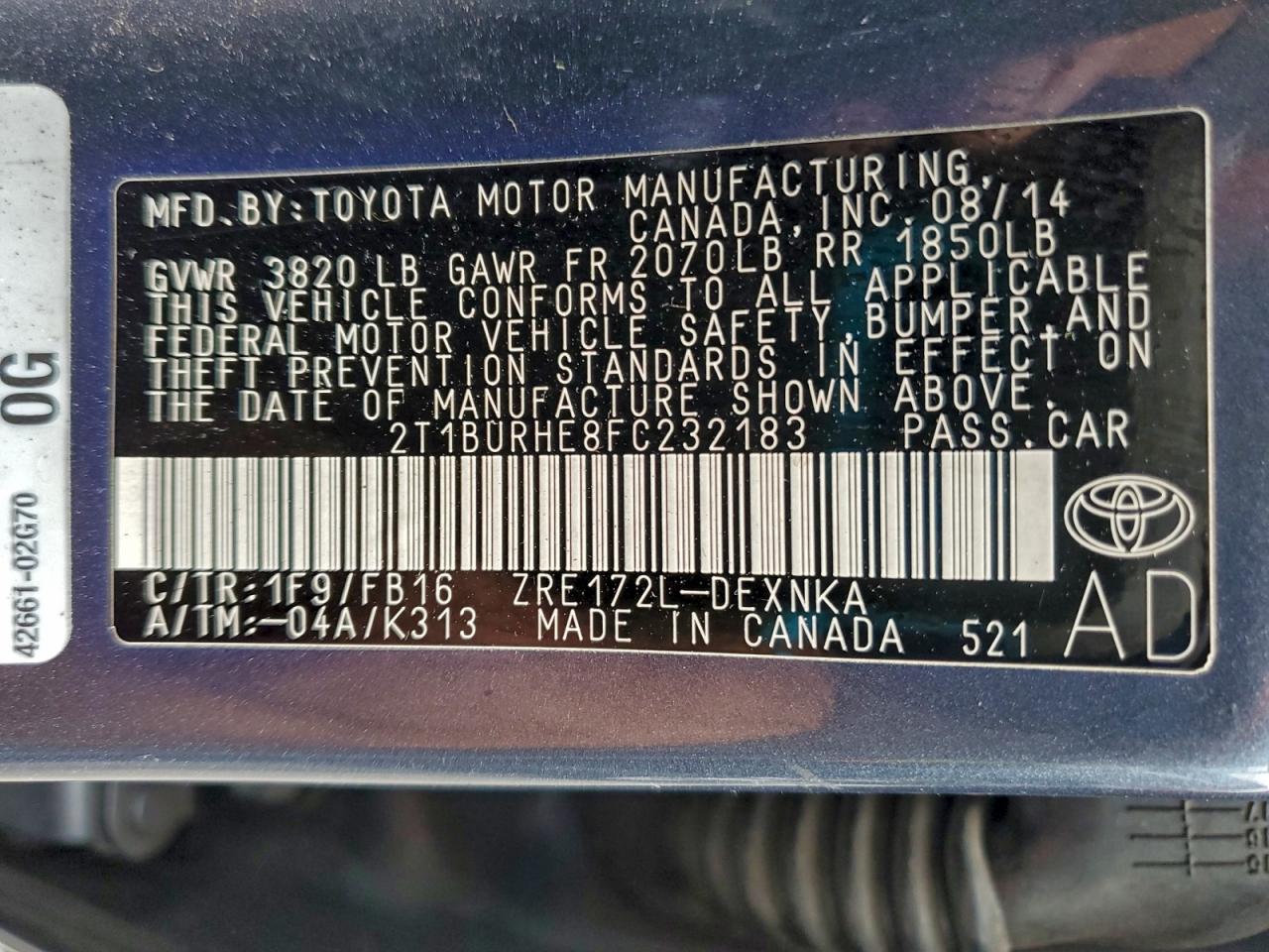 2015 TOYOTA COROLLA L photo 13