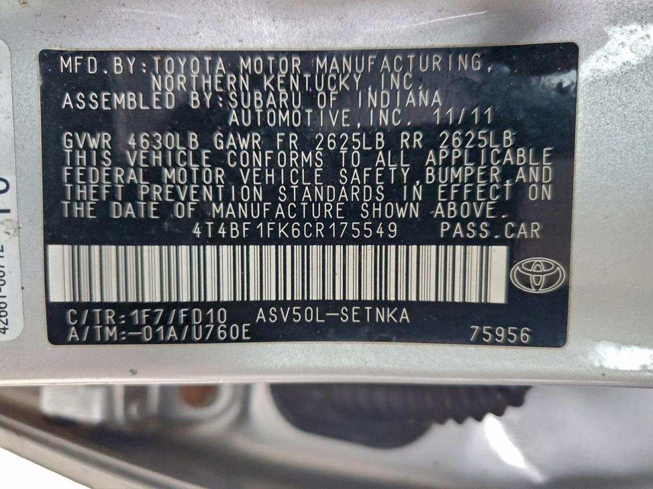 2012 TOYOTA CAMRY BASE photo 12