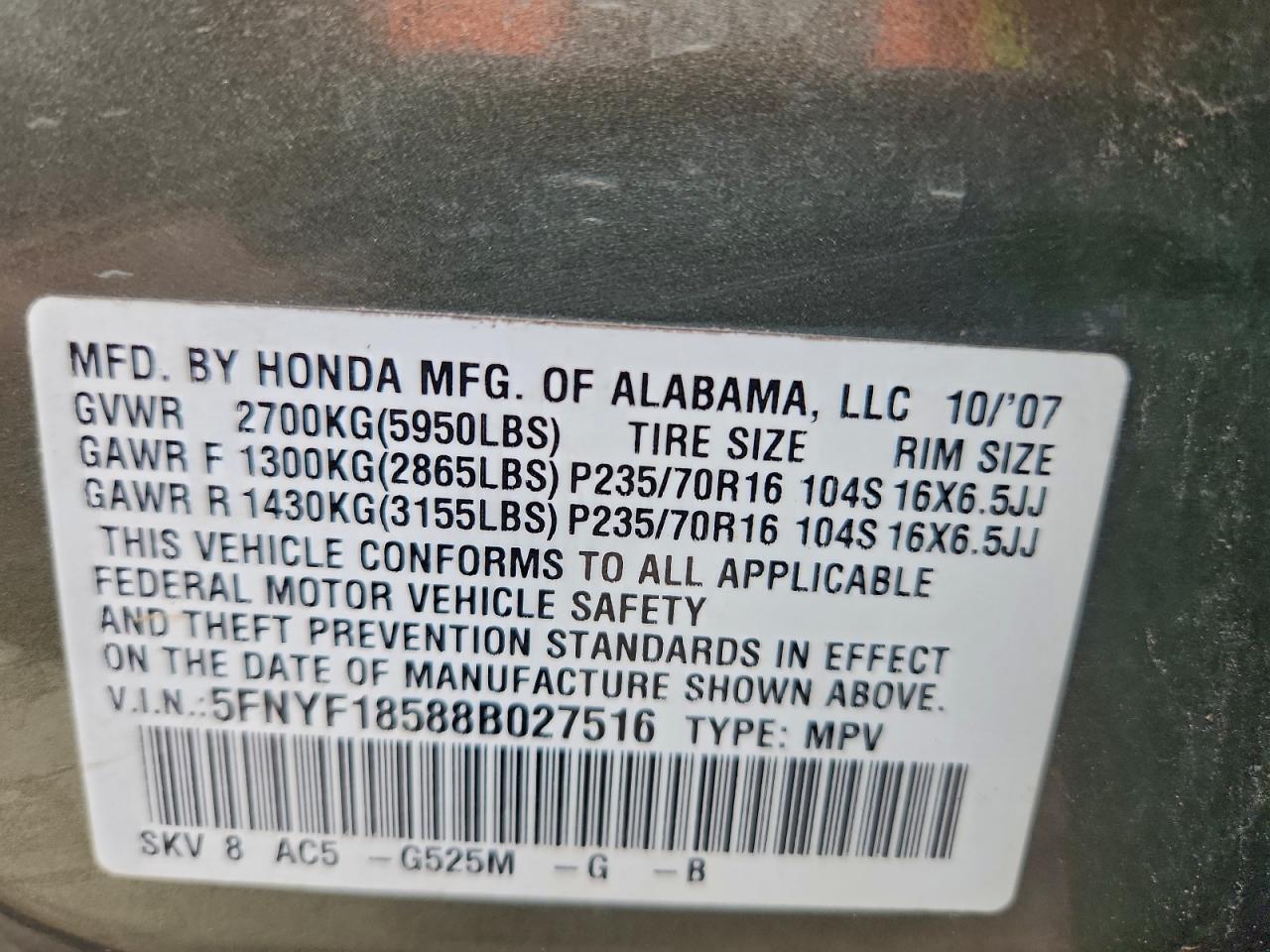 2008 HONDA PILOT EXL photo 27