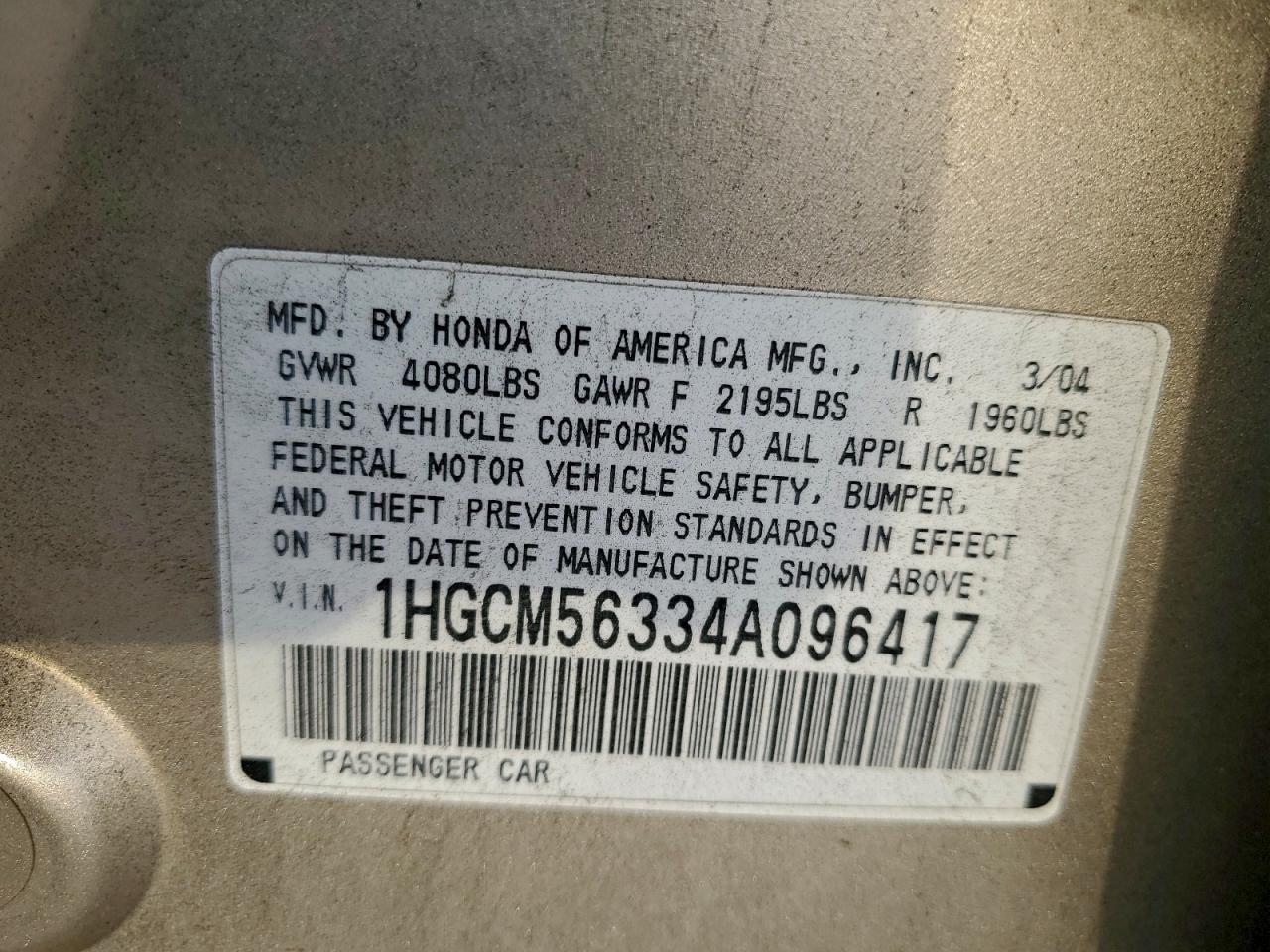 2004 HONDA ACCORD LX photo 13