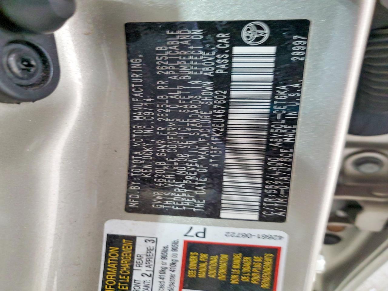 2014 TOYOTA CAMRY L photo 12