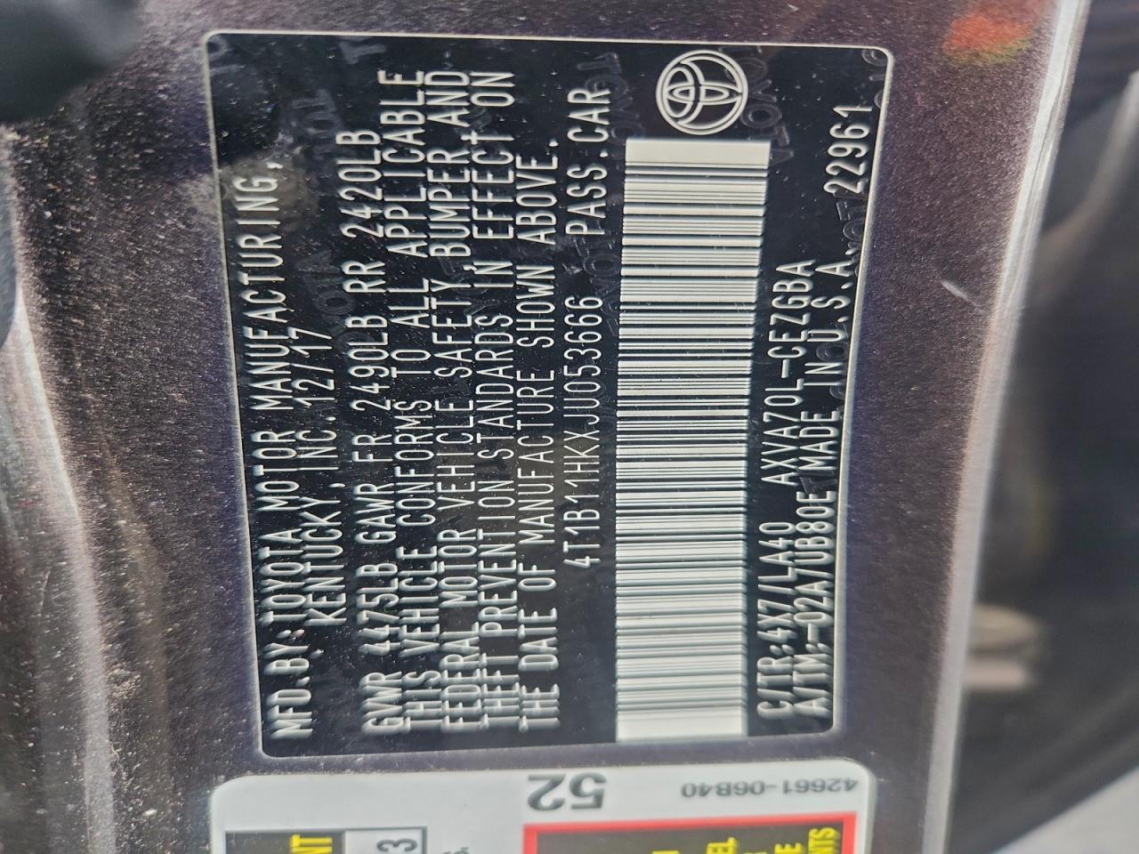 2018 TOYOTA CAMRY L photo 12