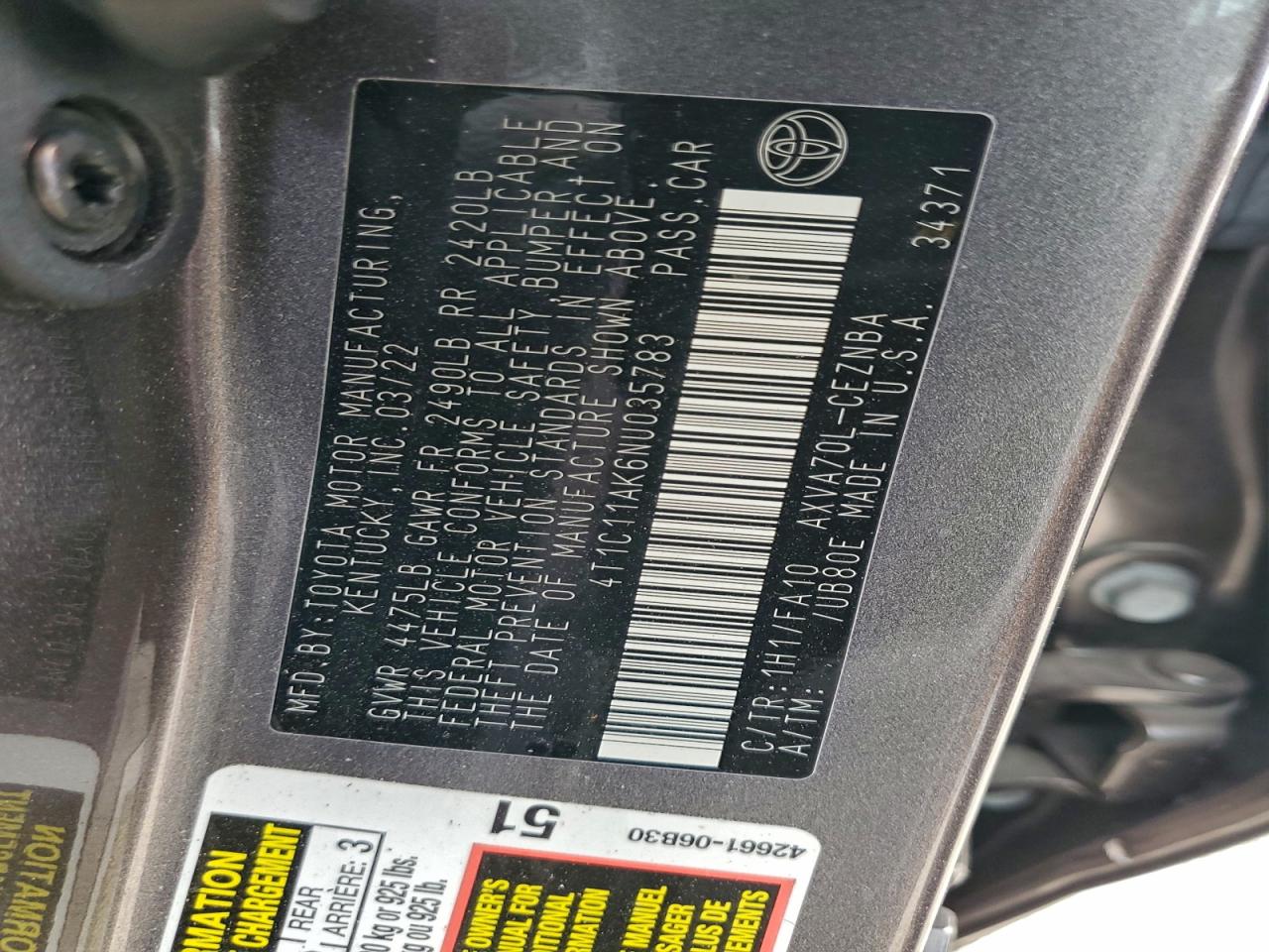 2022 TOYOTA CAMRY LE photo 12