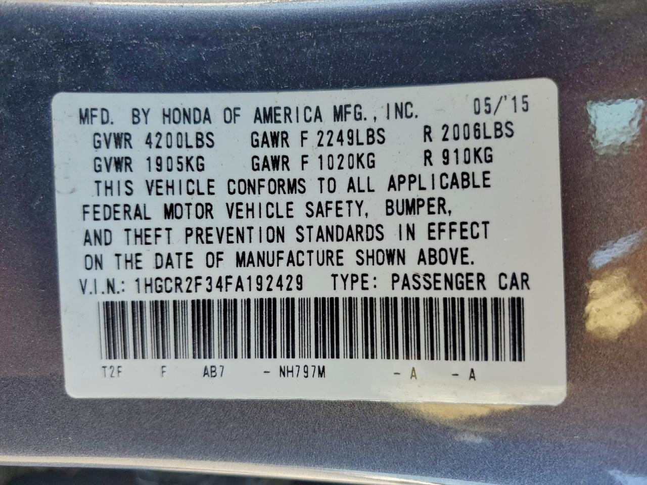 2015 HONDA ACCORD LX photo 12