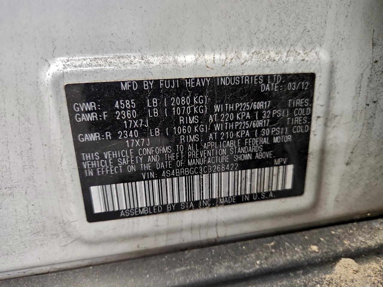2012 SUBARU OUTBACK 2.5I PREMIUM photo 13