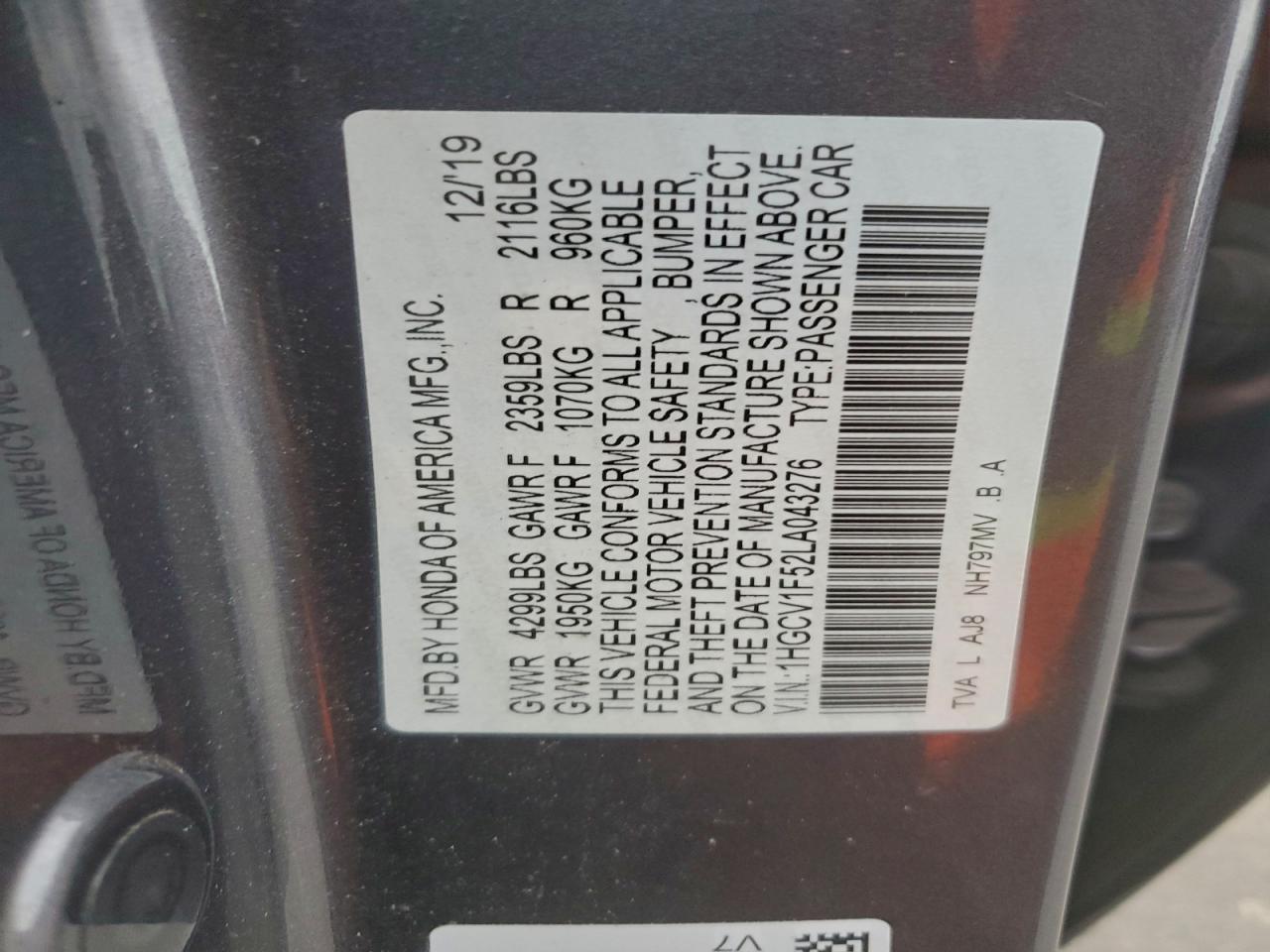 2020 HONDA ACCORD EXL photo 12