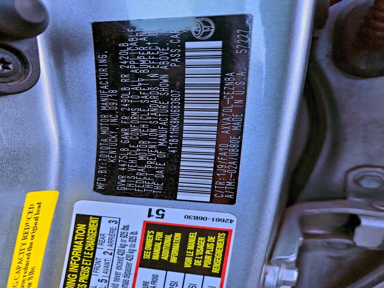 2019 TOYOTA CAMRY L photo 12