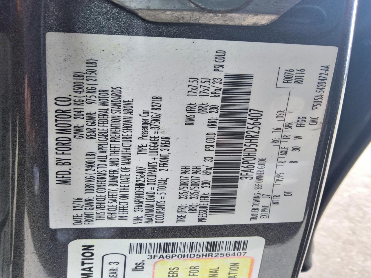 2017 FORD FUSION SE photo 12