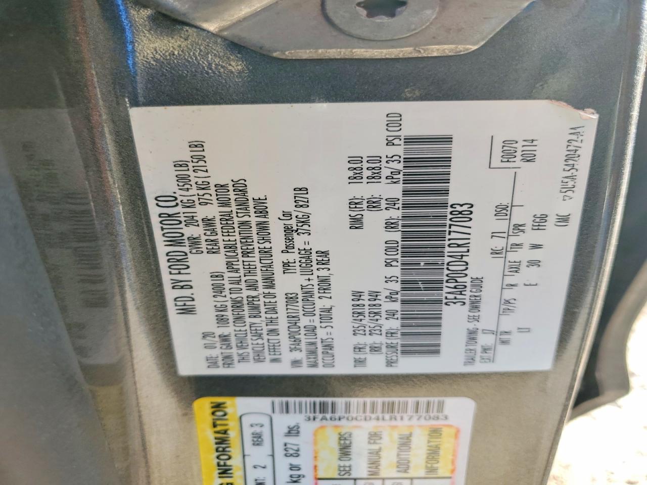 2020 FORD FUSION SEL photo 12