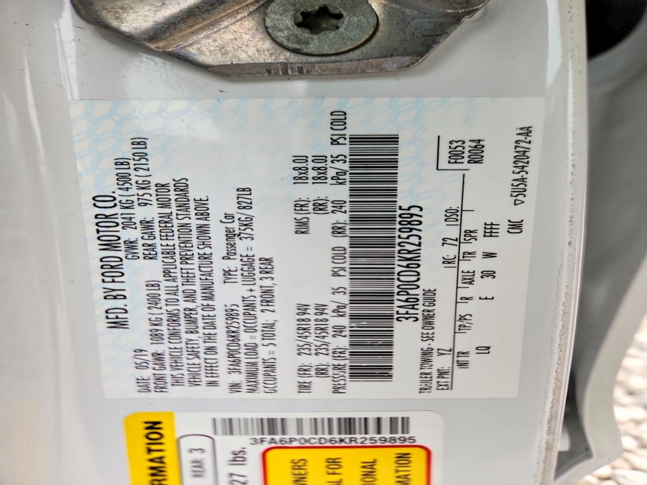 2019 FORD FUSION SEL photo 12