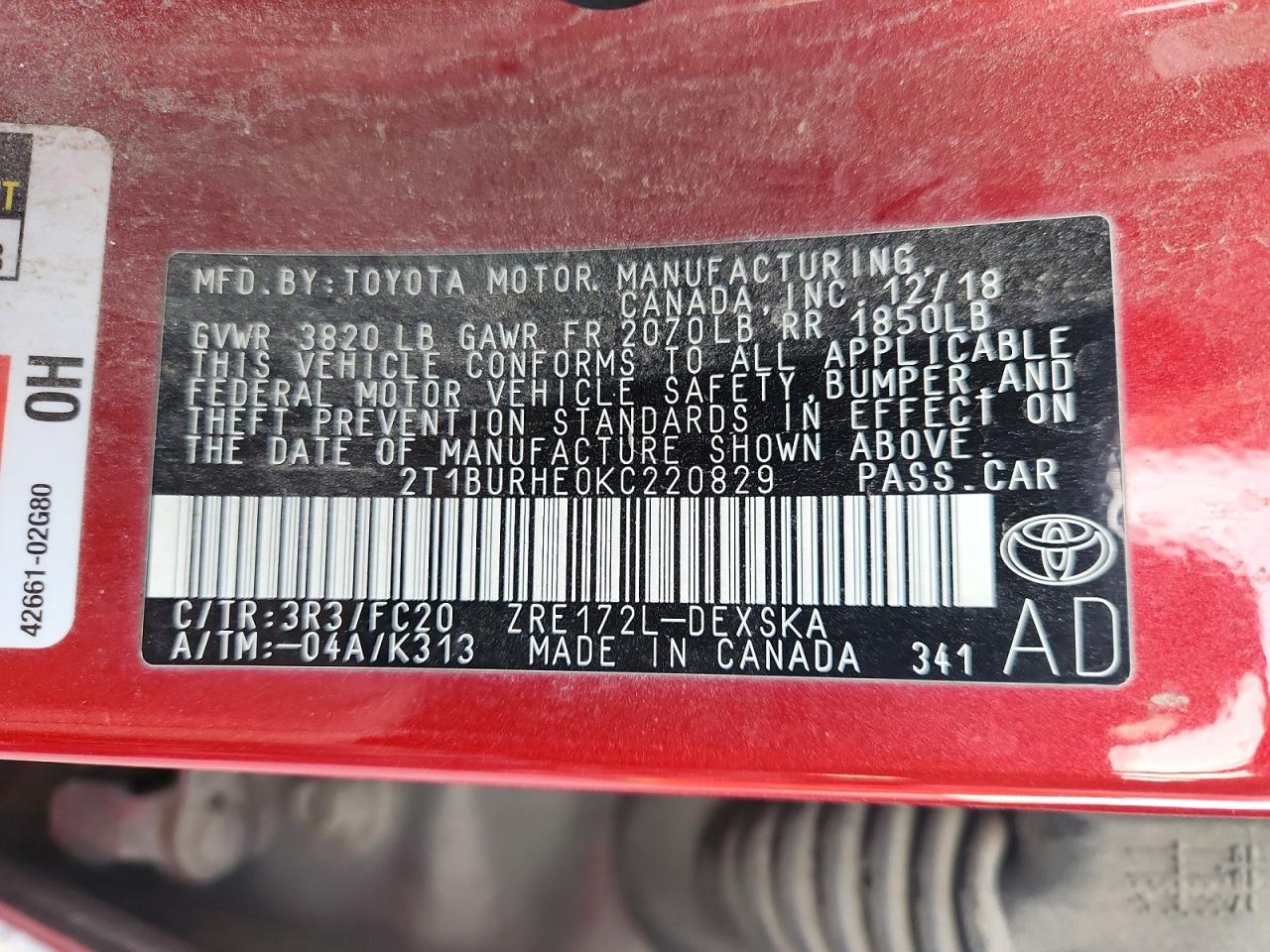 2019 TOYOTA COROLLA L photo 12