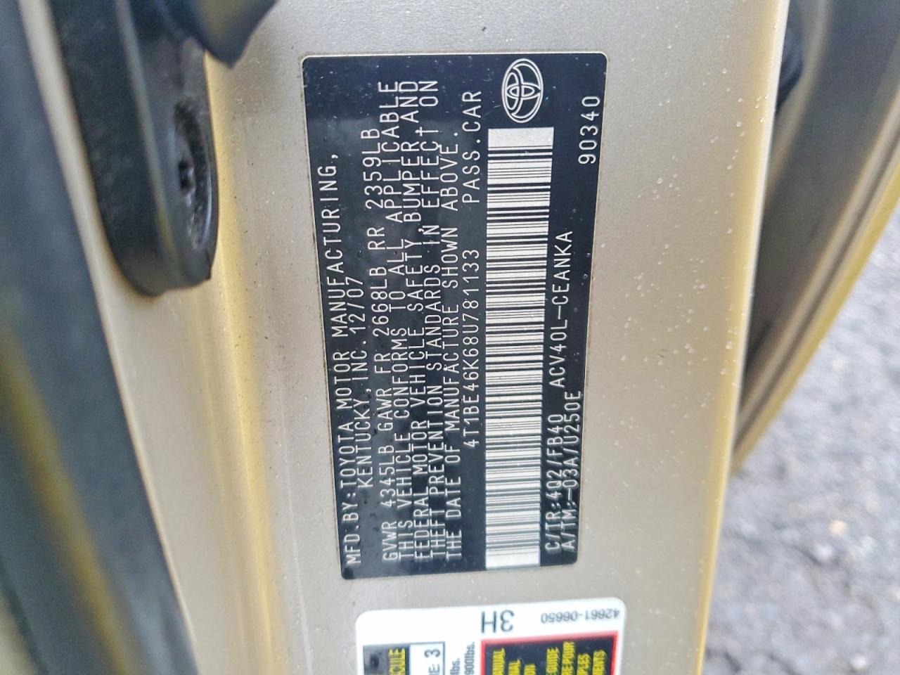 2008 TOYOTA CAMRY CE photo 12