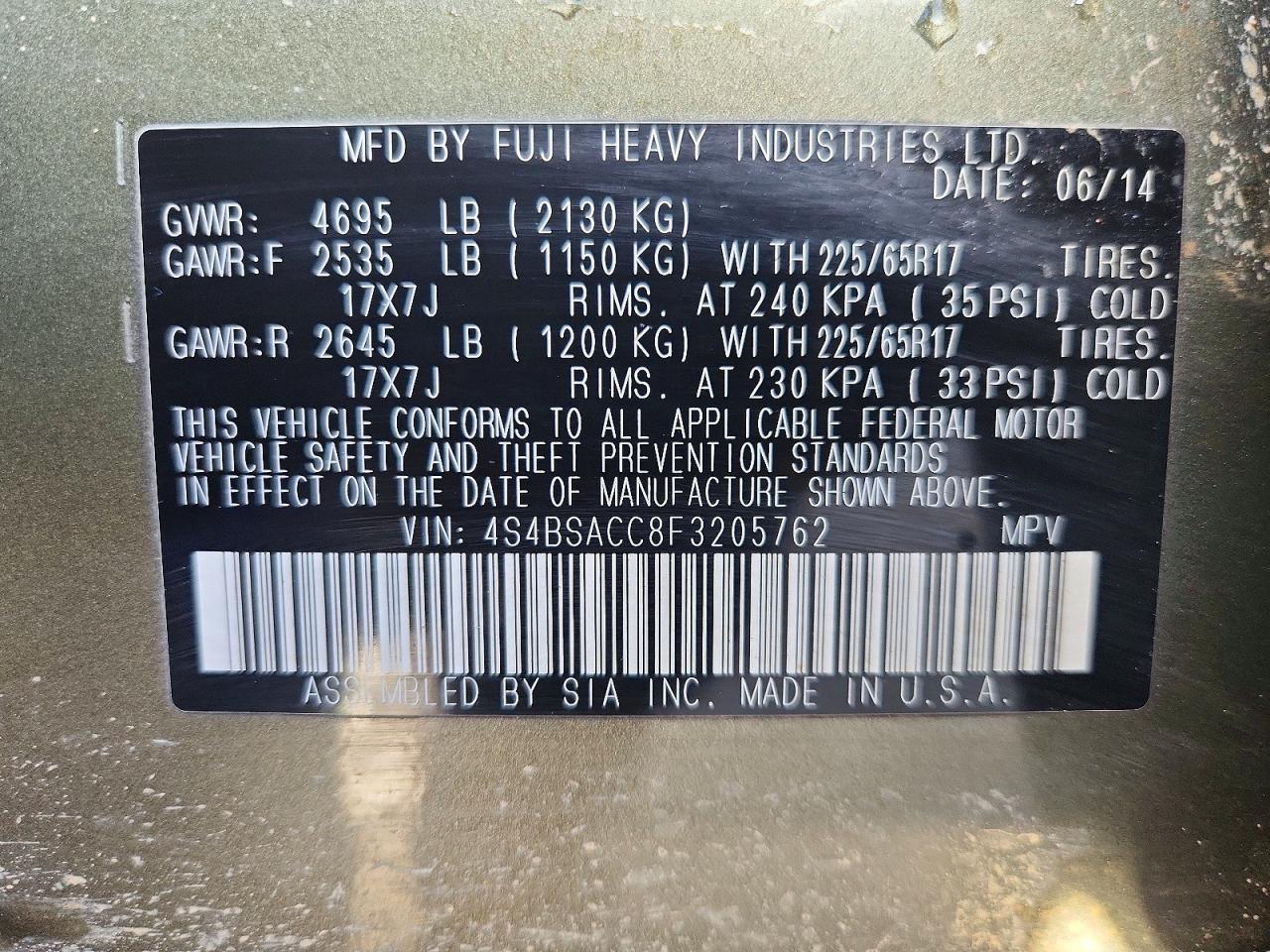2015 SUBARU OUTBACK 2.5I PREMIUM photo 14