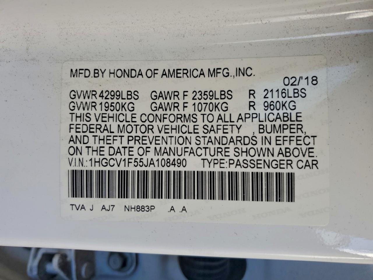 2018 HONDA ACCORD EXL photo 12