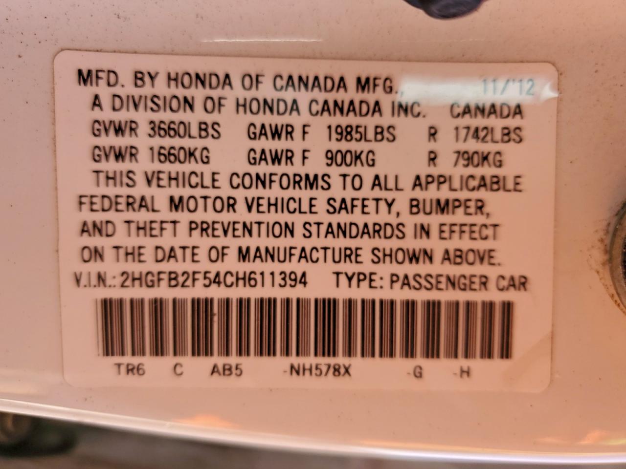 2012 HONDA CIVIC LX photo 12